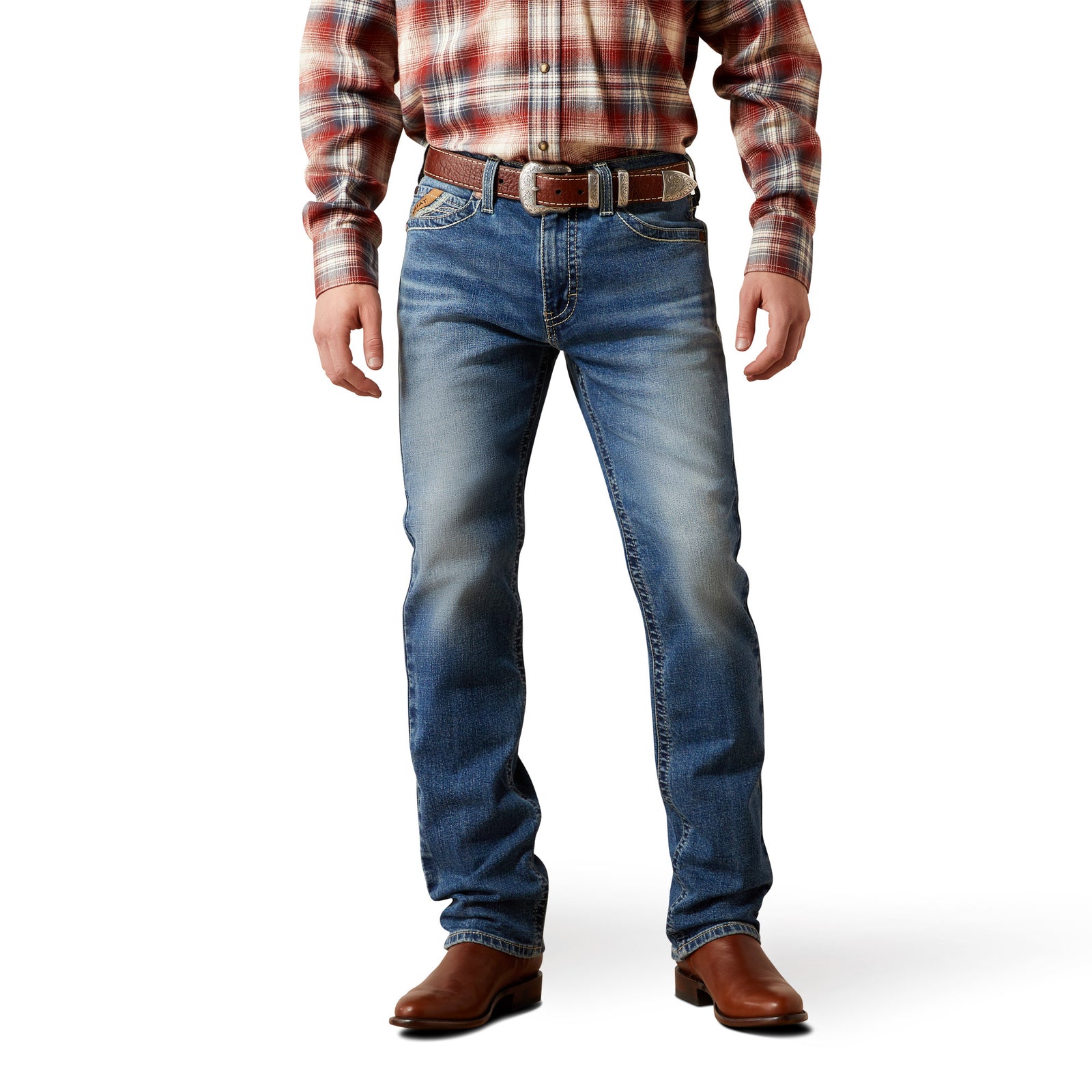 Person wearing blue jeans and a plaid shirt on a white background