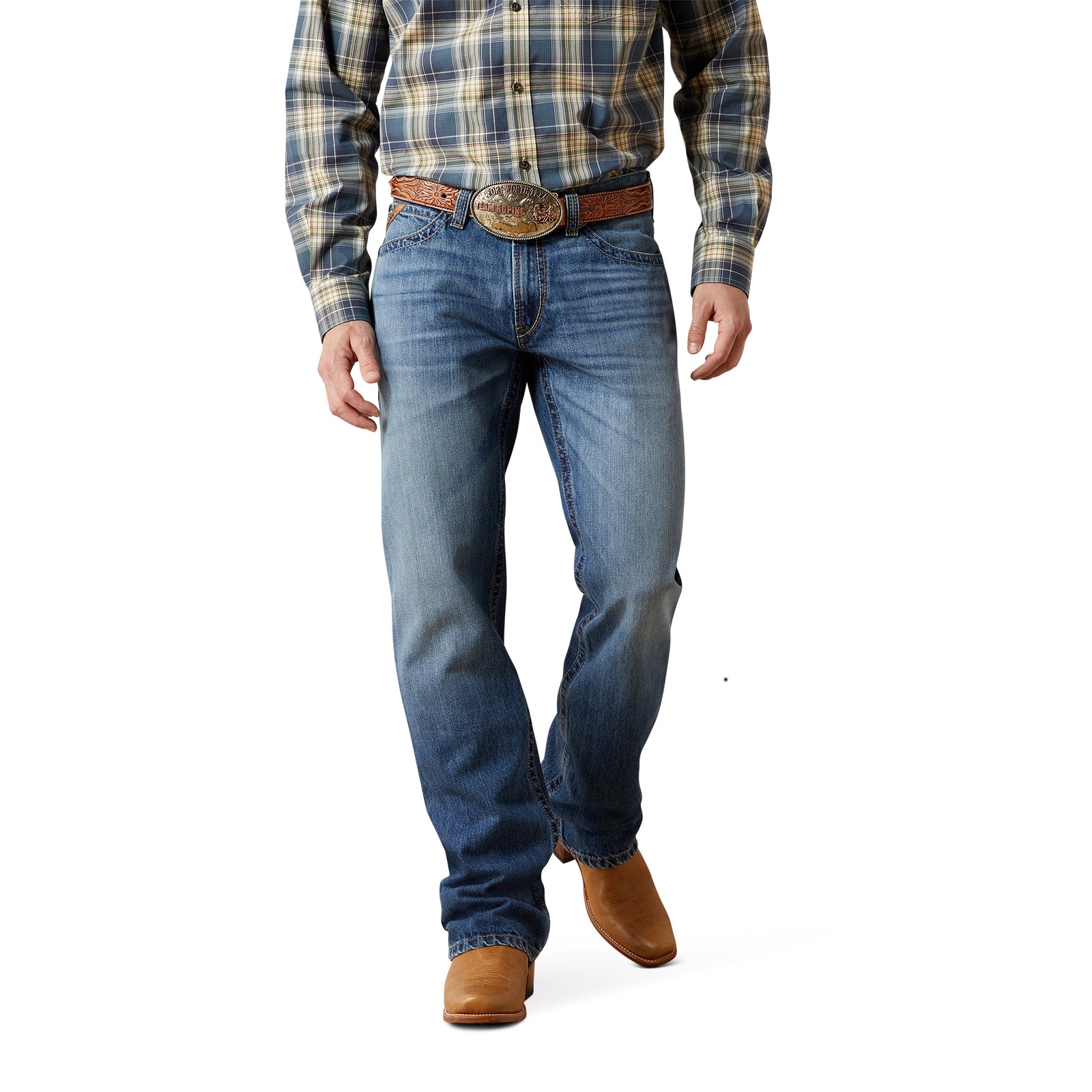 Person wearing a plaid shirt, jeans, and brown boots on a white background