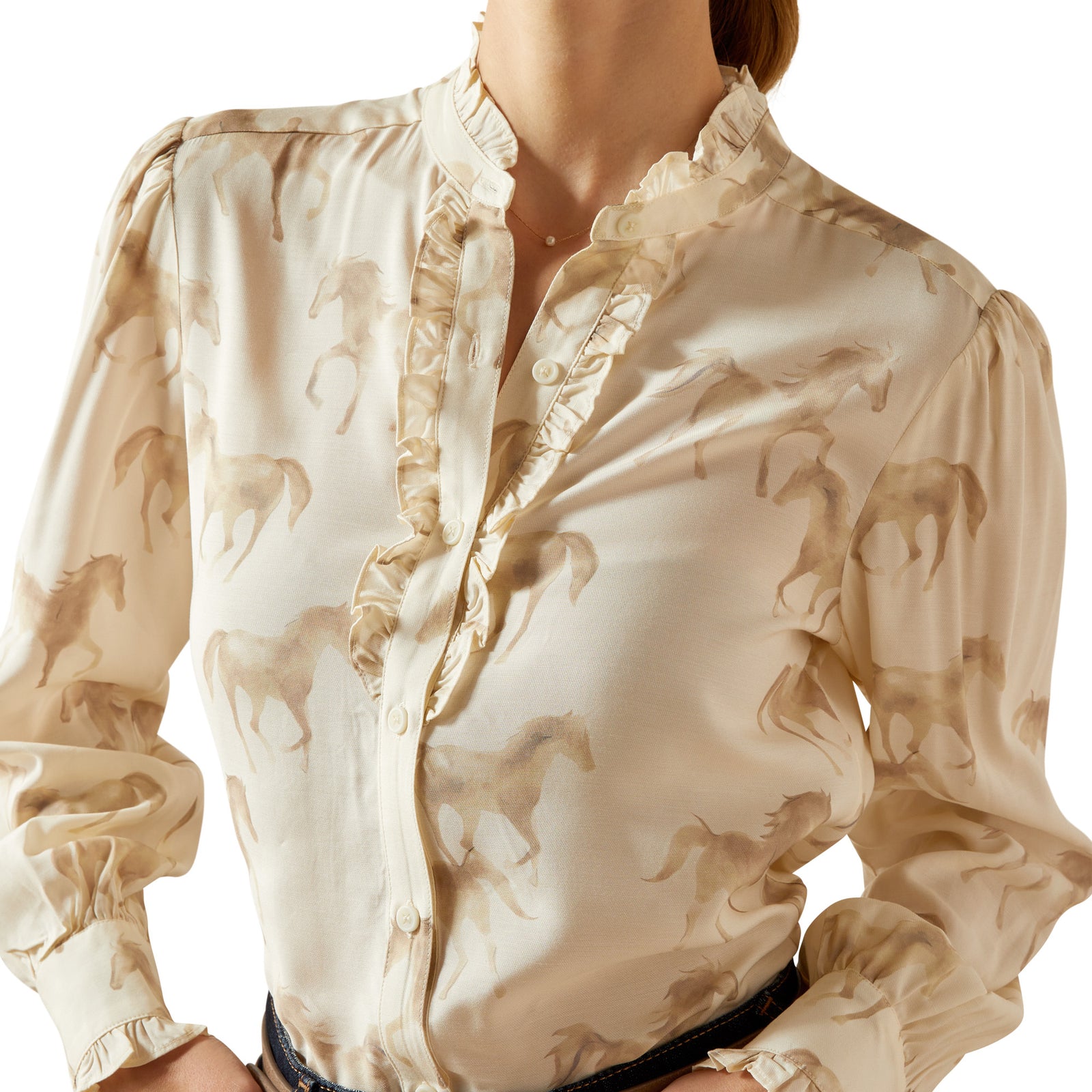 Beige blouse with horse pattern on a white background