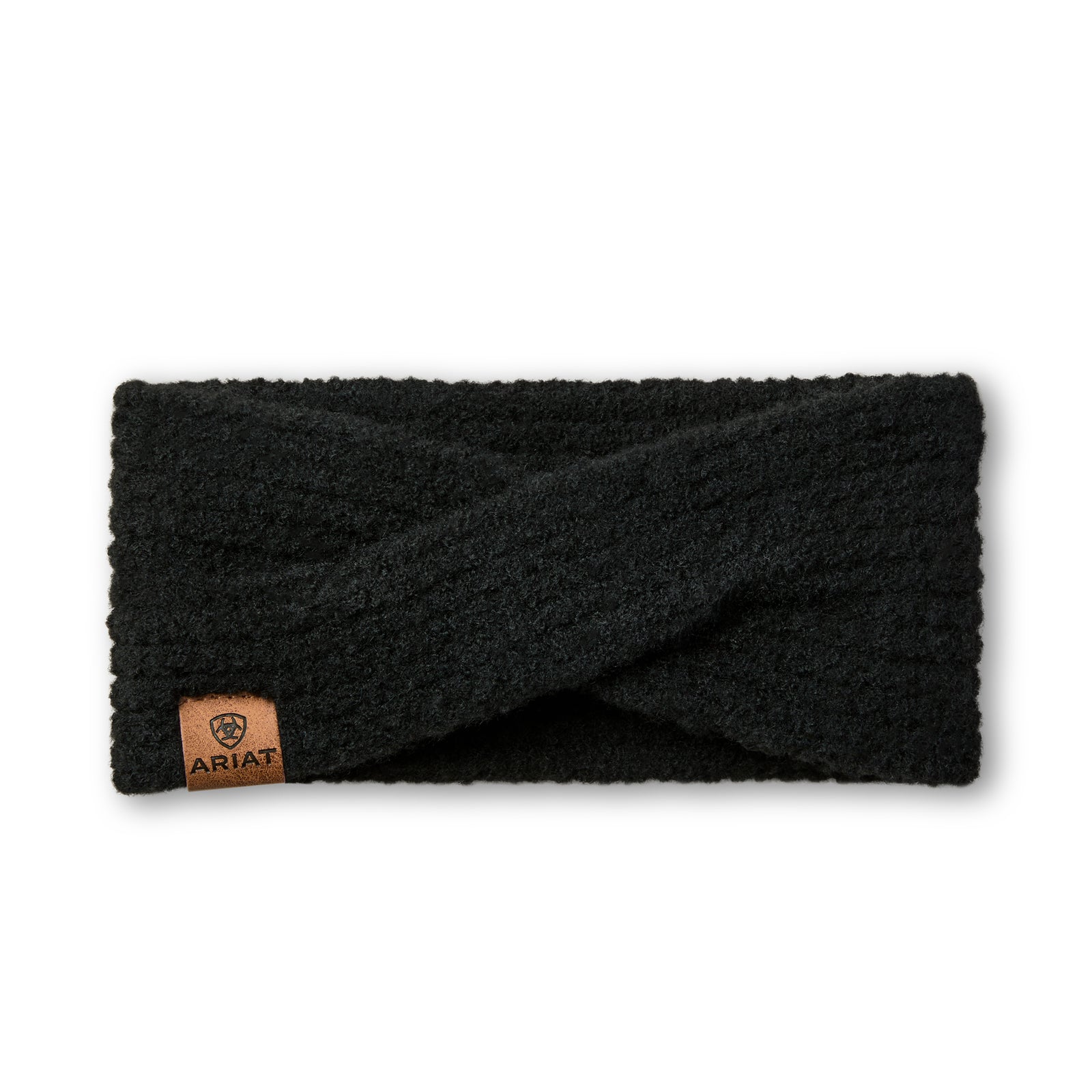Black knitted headband with Ariat logo on a white background