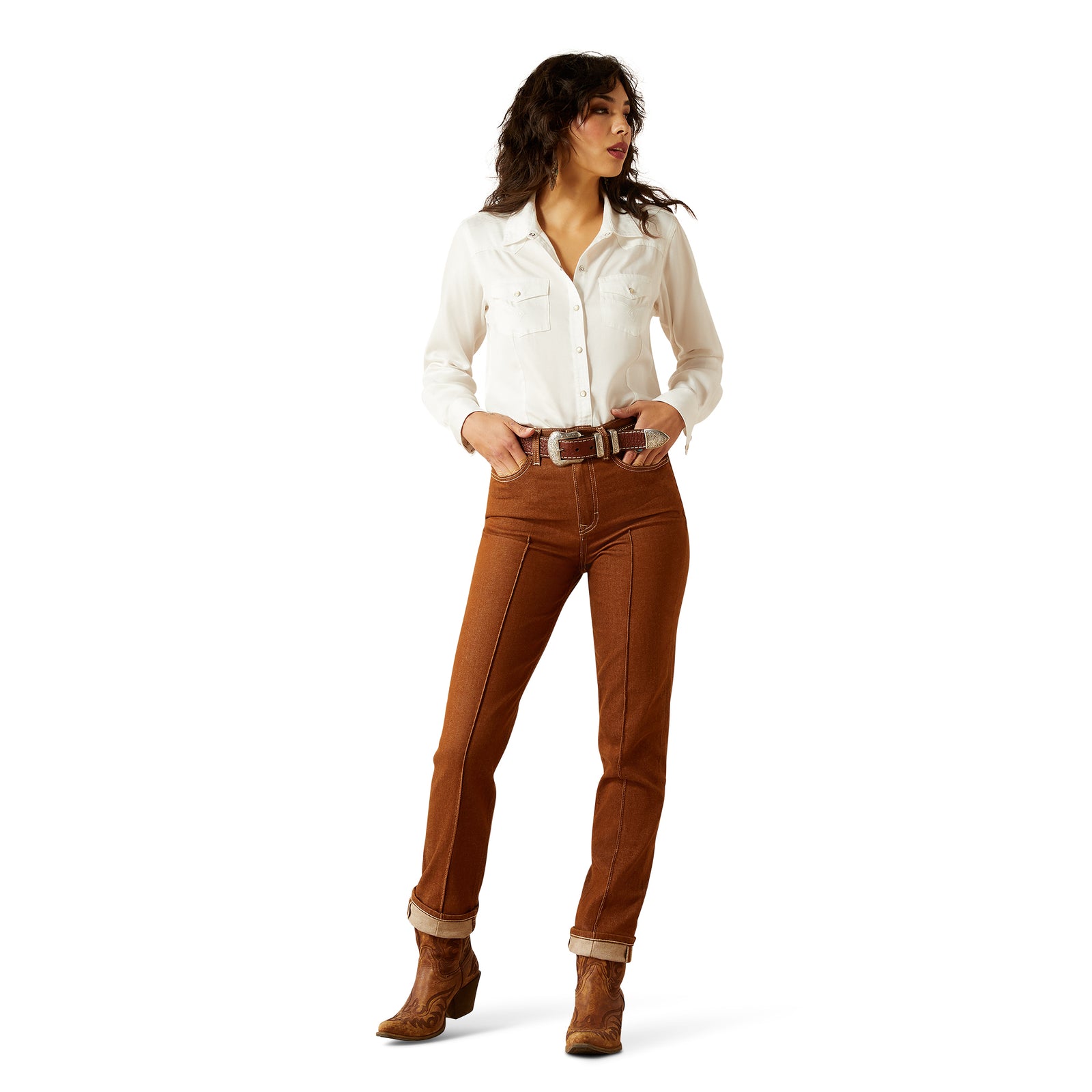 Ariat Women's Jazmine Ultra High Rise Relaxed Straight Jean. Woman wearing a white shirt and brown pants on a white background