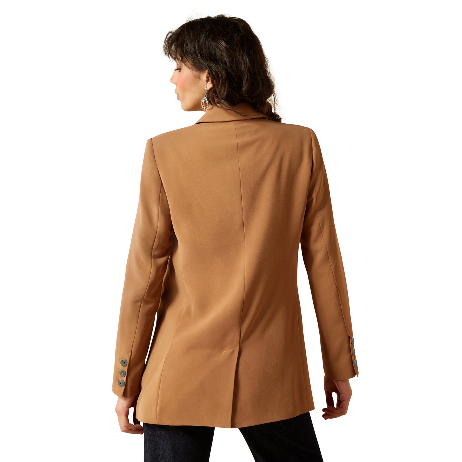 Woman wearing a brown coat on a white background