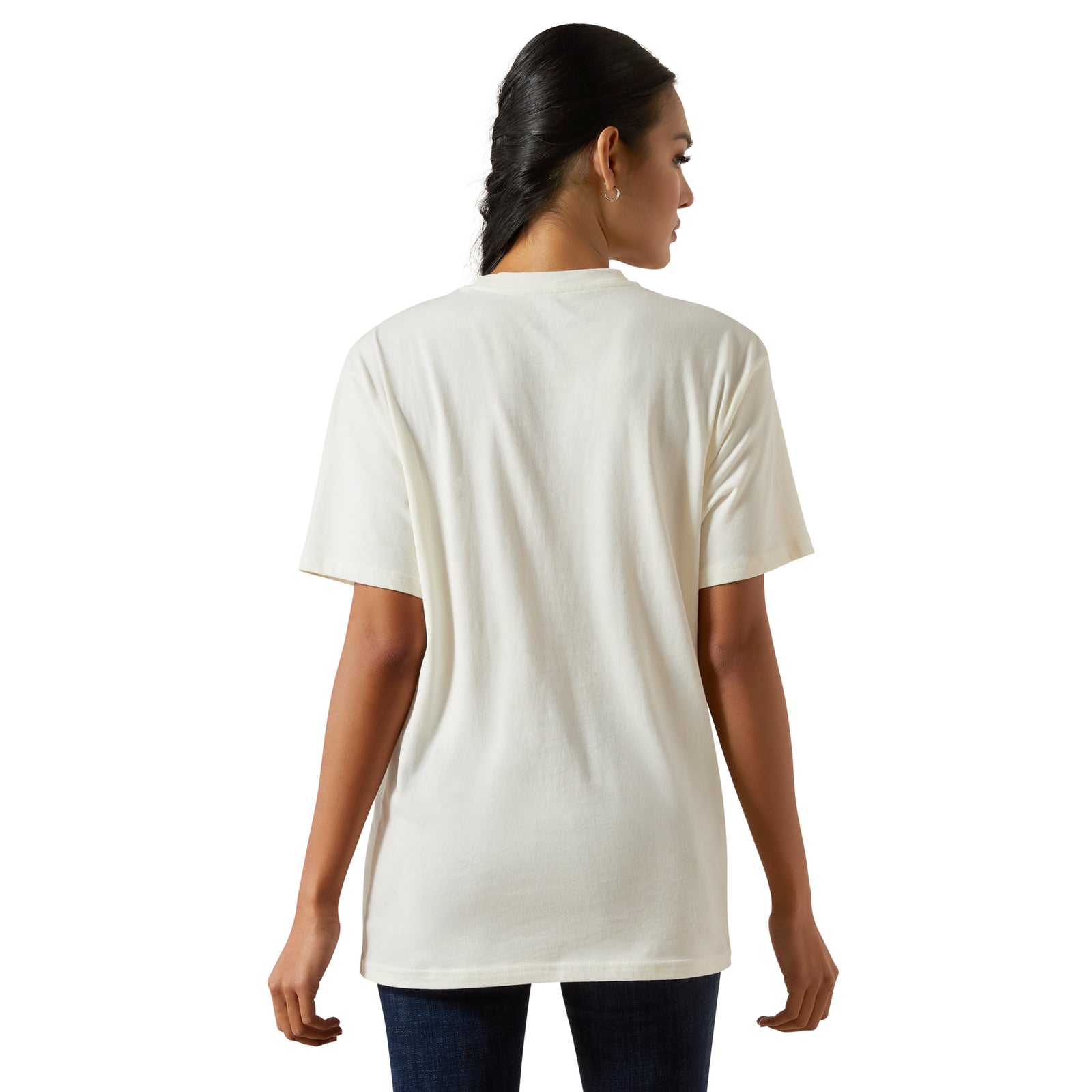Woman wearing a plain white t-shirt on a white background