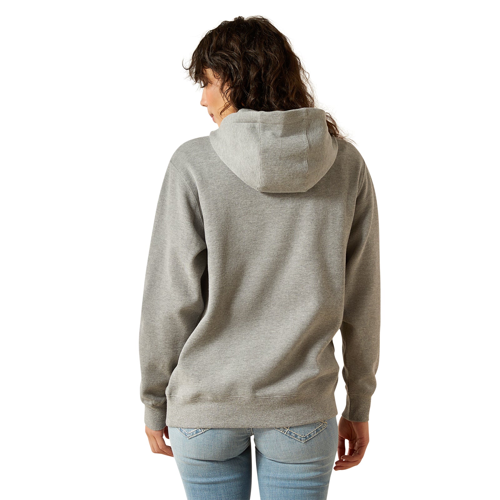 Person wearing a gray hoodie from behind on a white background