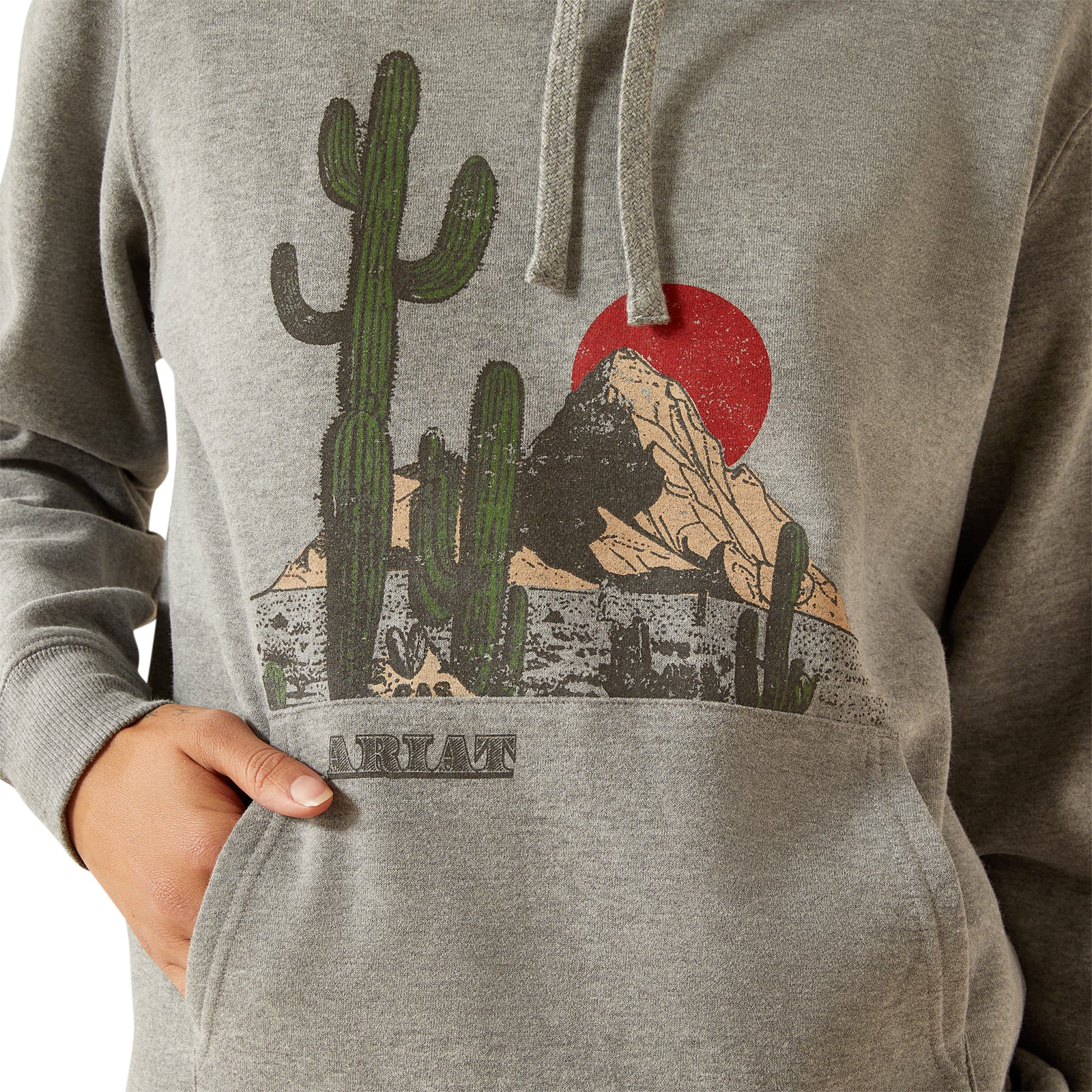 Gray hoodie with a desert landscape graphic featuring cacti and a red sun.