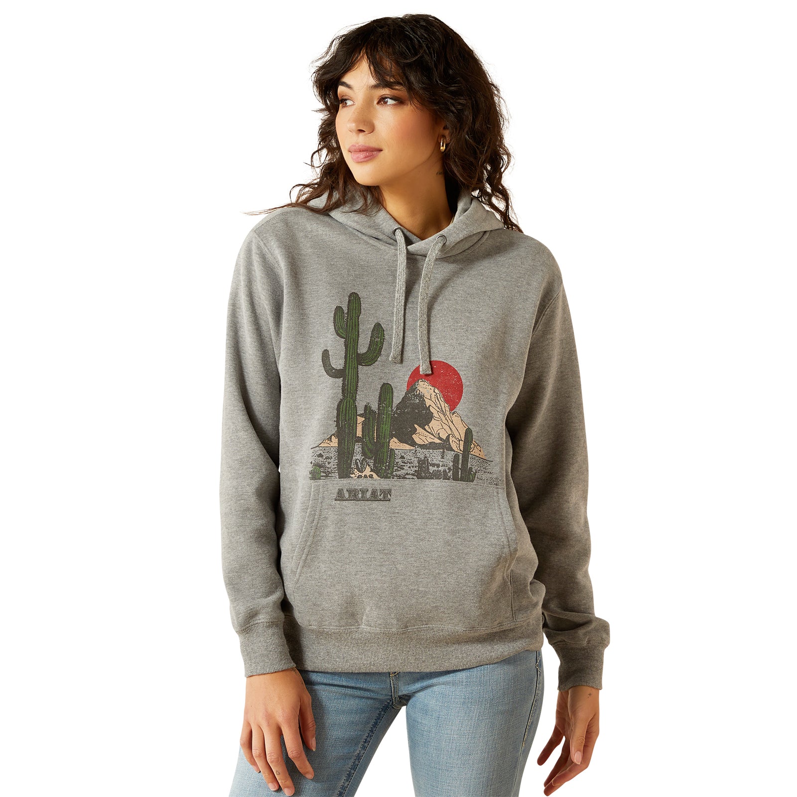 Woman wearing a gray hoodie with a graphic design on a white background