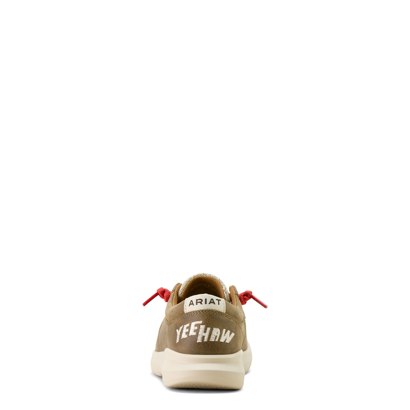 Ariat Women's Hilo Sendero Slip On Shoe. Brown sneaker with red accents and 'Yeehaw' text on a white background