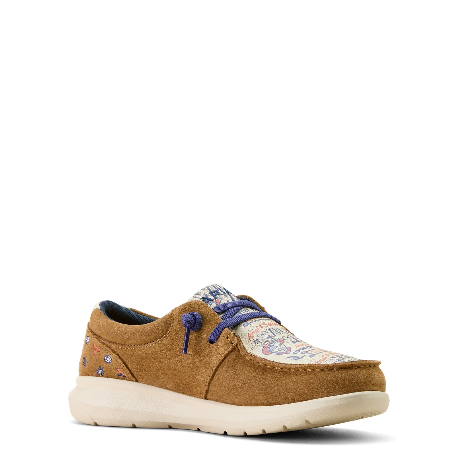 Ariat Women's Hilo Sendero Slip On Shoe. Brown casual shoe with floral pattern on a white background