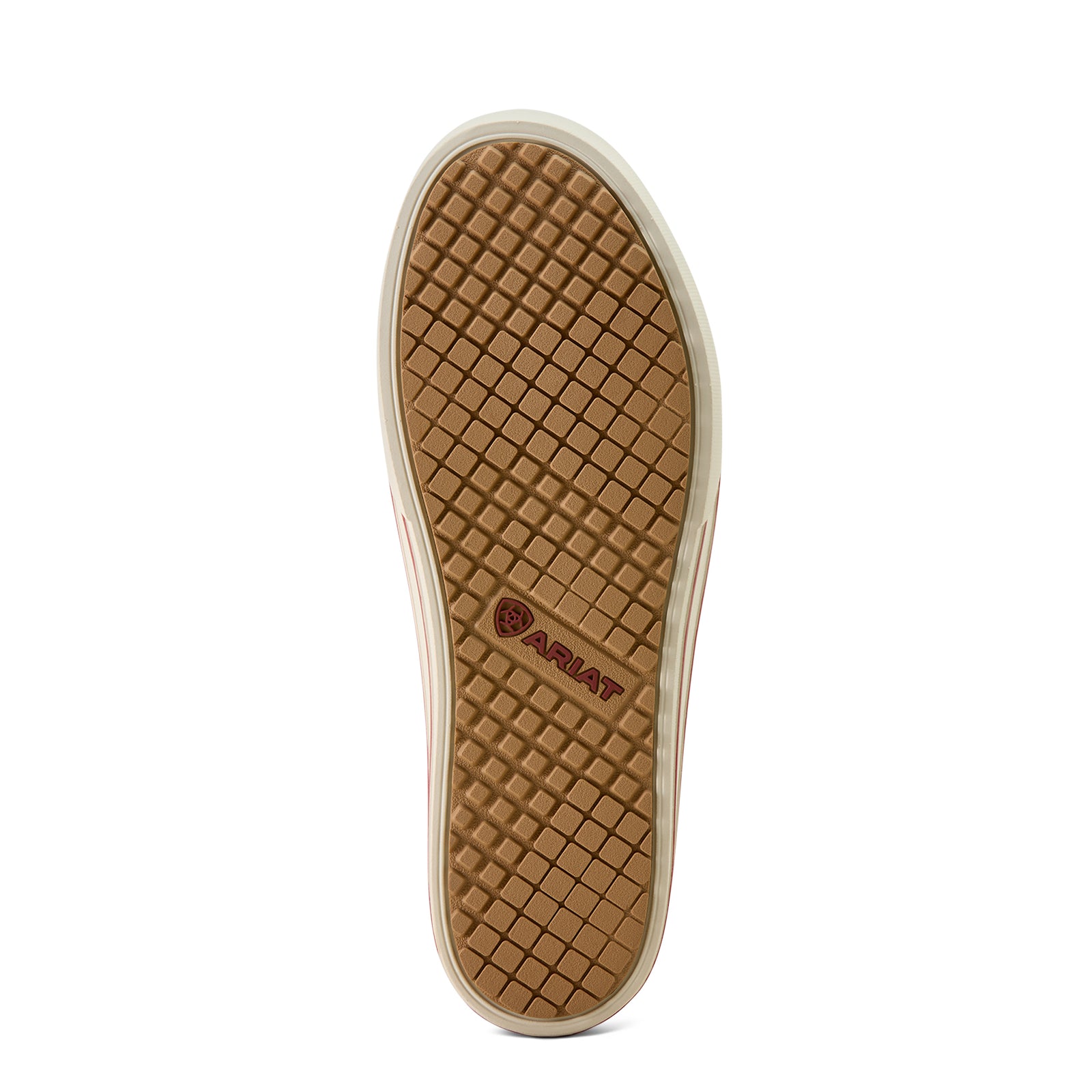 Ariat Women's Skylar Luxe Shoe. Brown shoe sole with grid pattern and Ariat logo on a white background