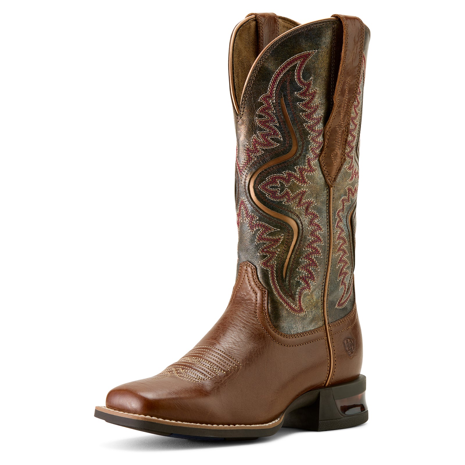 Ariat Women's Captivate Wide Square Toe Western Boot. Brown cowboy boot with intricate pattern on a white background