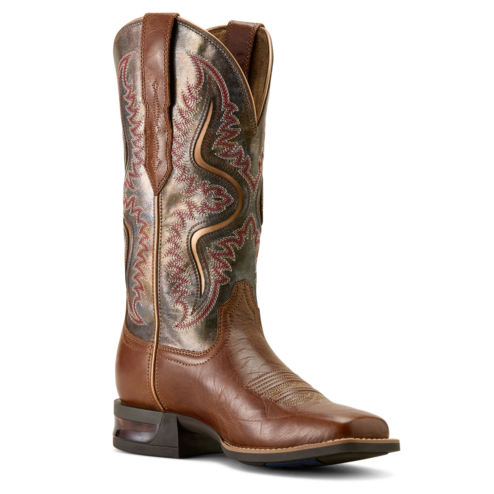 Ariat Women's Captivate Wide Square Toe Western Boot. Brown cowboy boot with intricate stitching on a white background