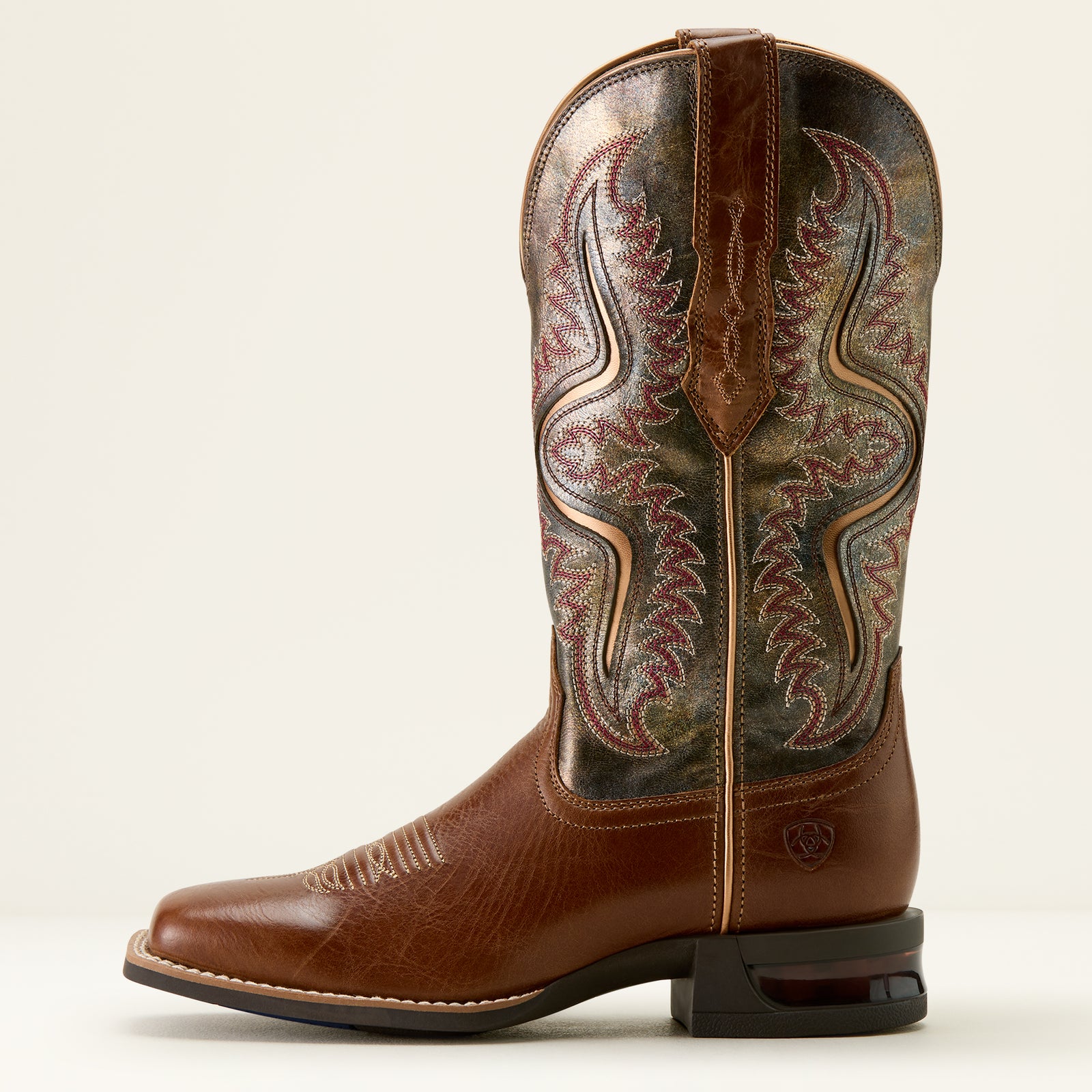 Ariat Women's Captivate Wide Square Toe Western Boot. Brown cowboy boot with intricate stitching on a white background