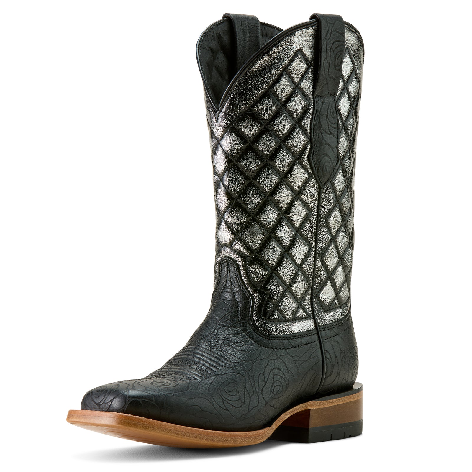 Ariat Women's Frontier Wittman Western Boot. Black cowboy boot with quilted silver insole on a white background