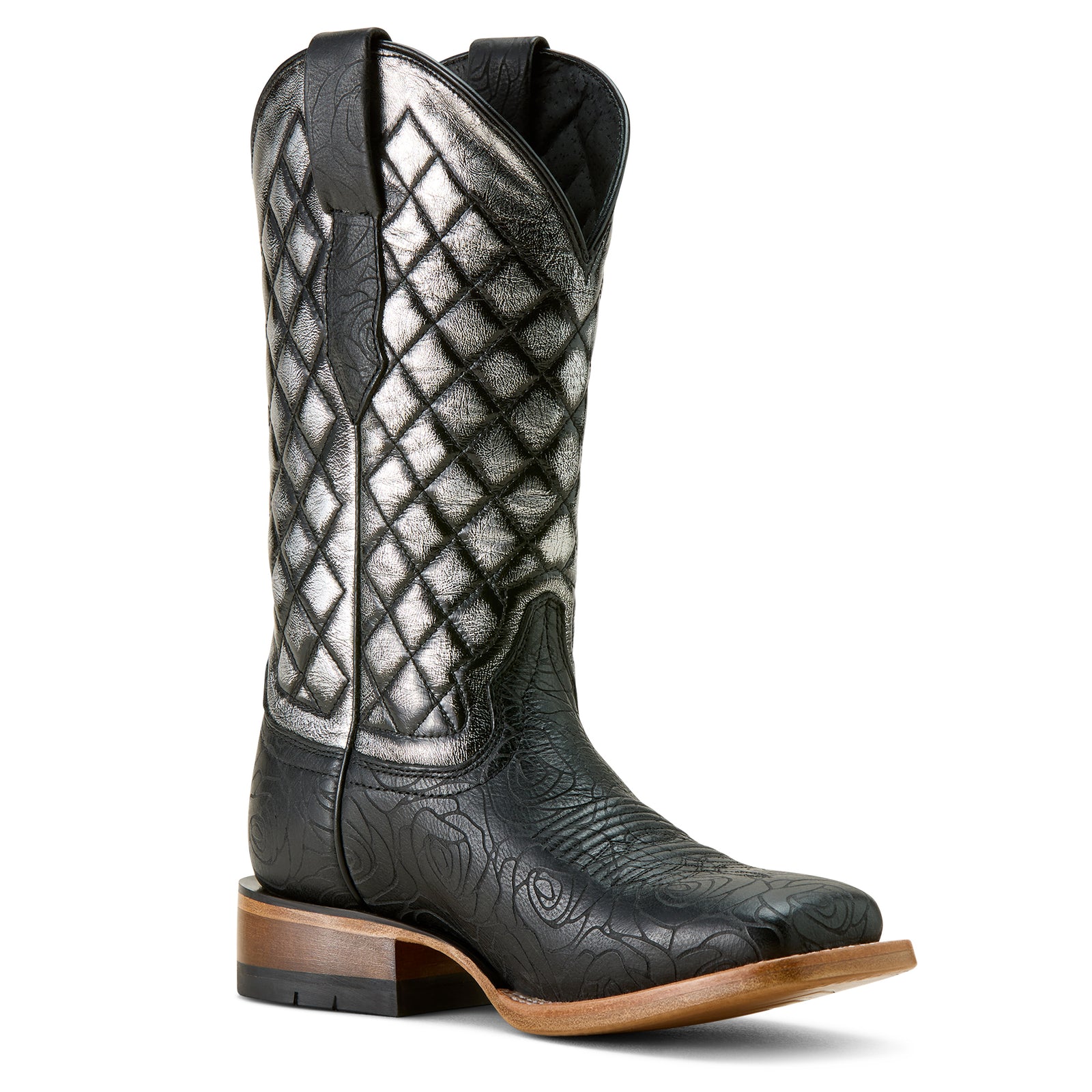 Ariat Women's Frontier Wittman Western Boot. Black cowboy boot with quilted pattern on a white background