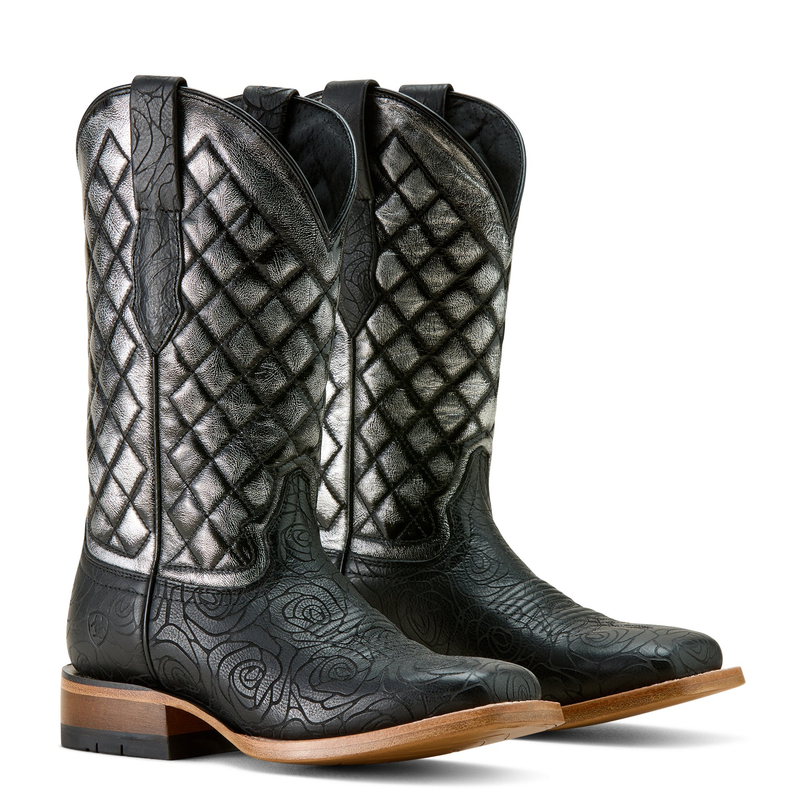 Ariat Women's Frontier Wittman Western Boot. Pair of black cowboy boots with intricate patterns on a white background