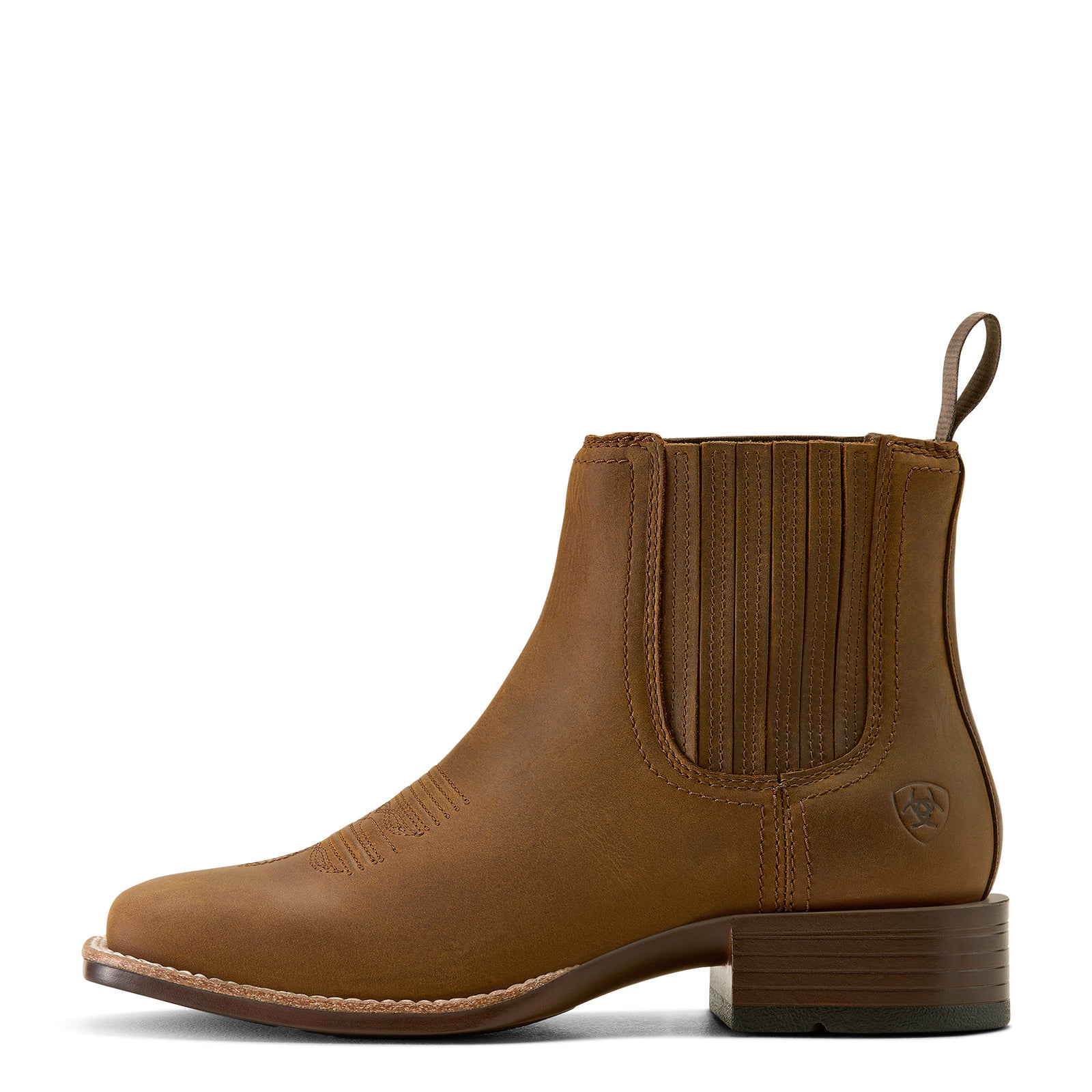 Ariat Women's Booker Chelsea Wide Square Toe Western Boot. Brown leather boot on a white background