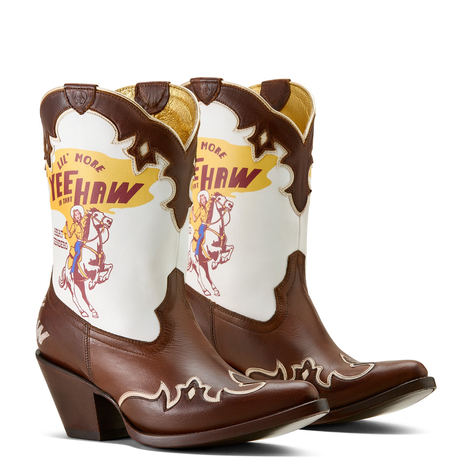 Ariat Women's Bandida Sendero J Toe Western Boot.Brown cowboy boots with white and yellow design on a white background