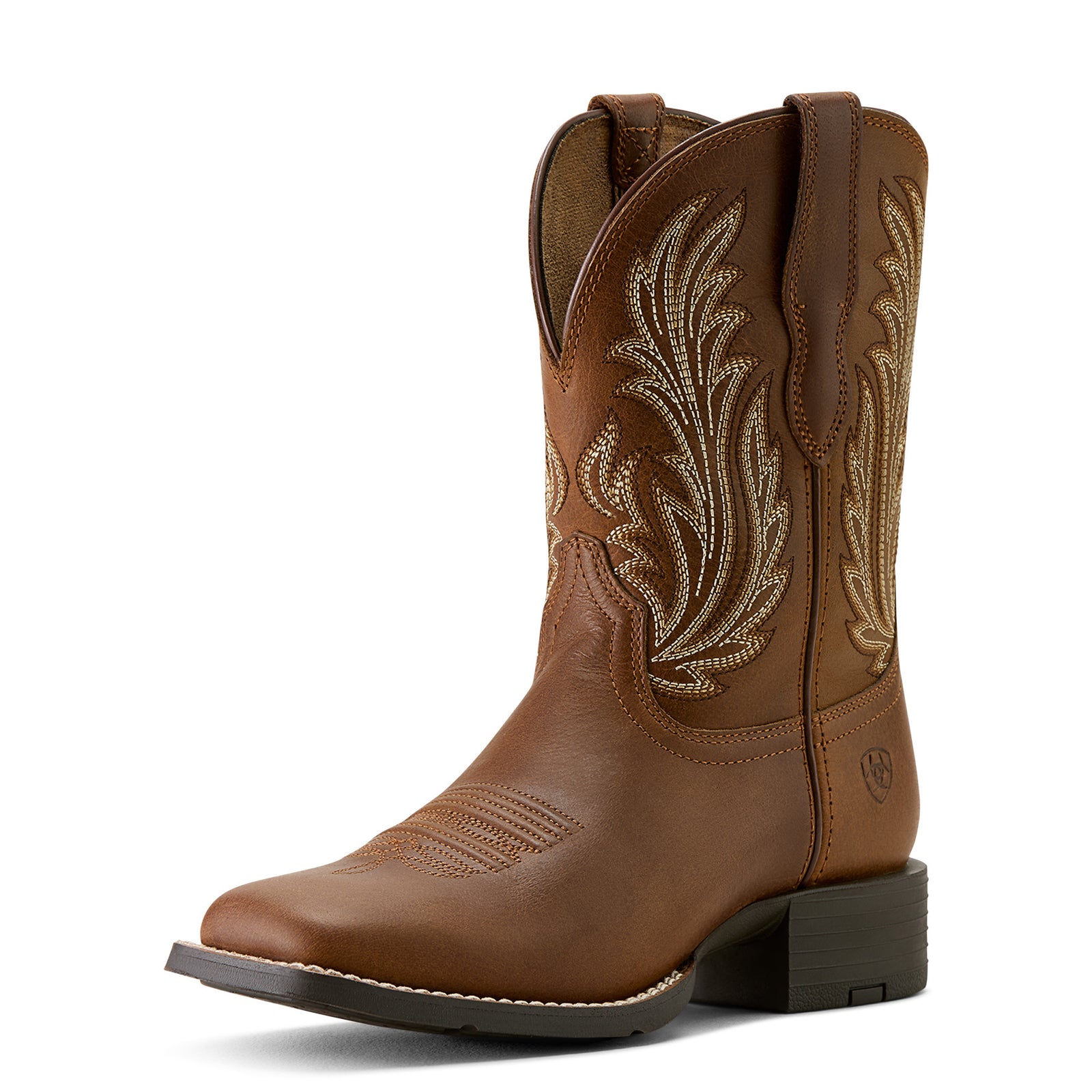 Ariat Brown cowboy boot with intricate embroidery on a white background