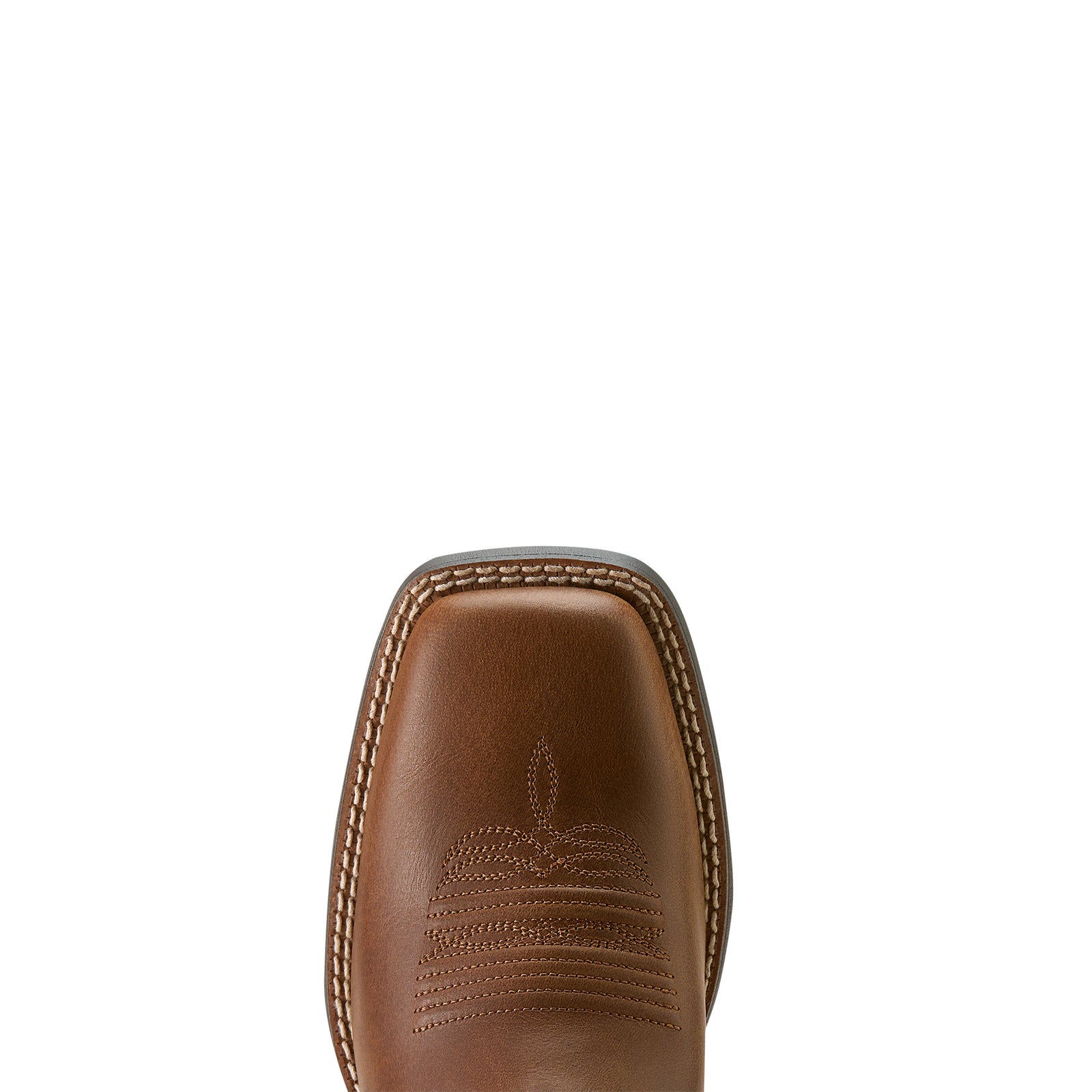 Close-up of a brown leather boot toe on a white background. Ariat western boot.