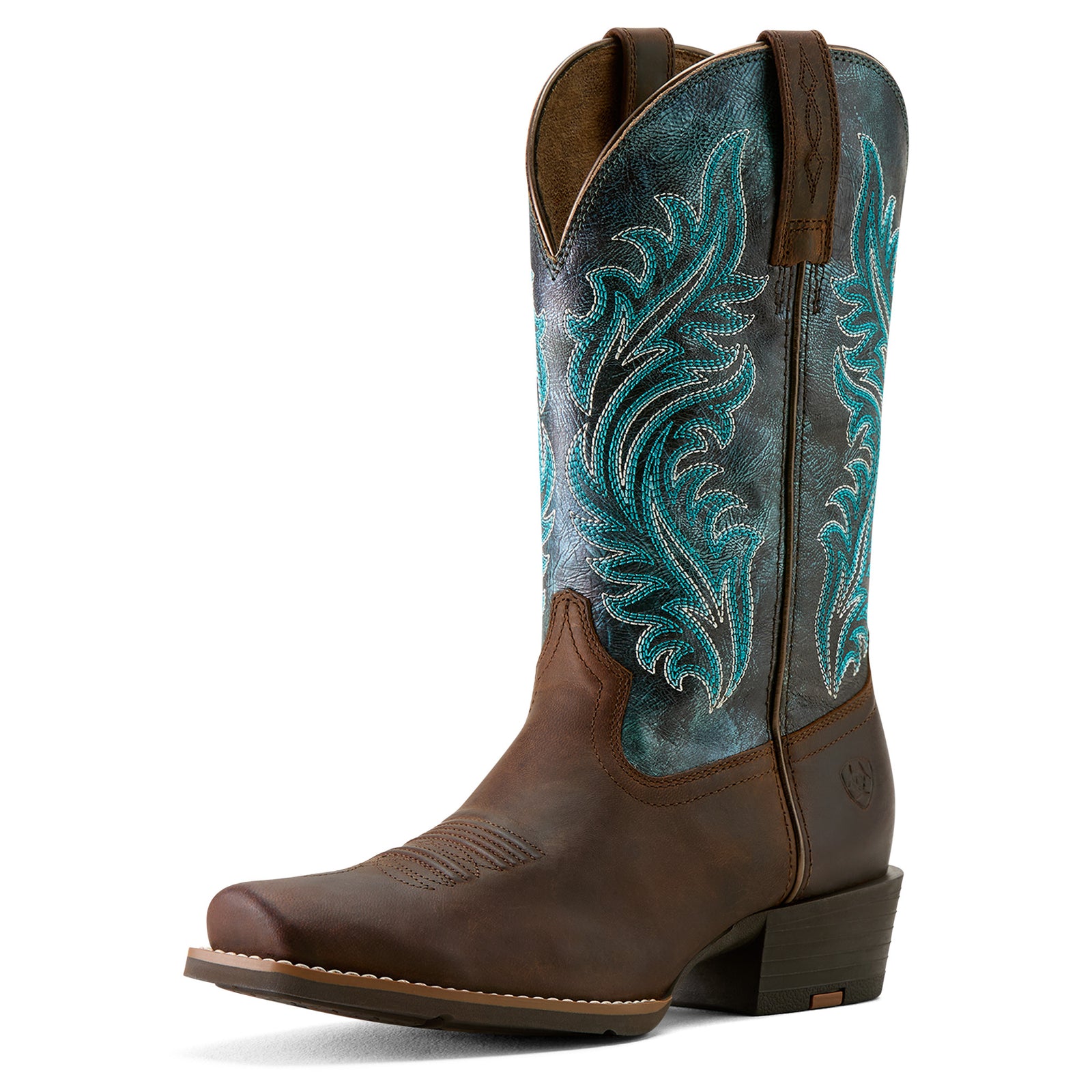 Ariat Women's Round Up Narrow Cutter Western Boot. Brown cowboy boot with turquoise embroidery on a white background