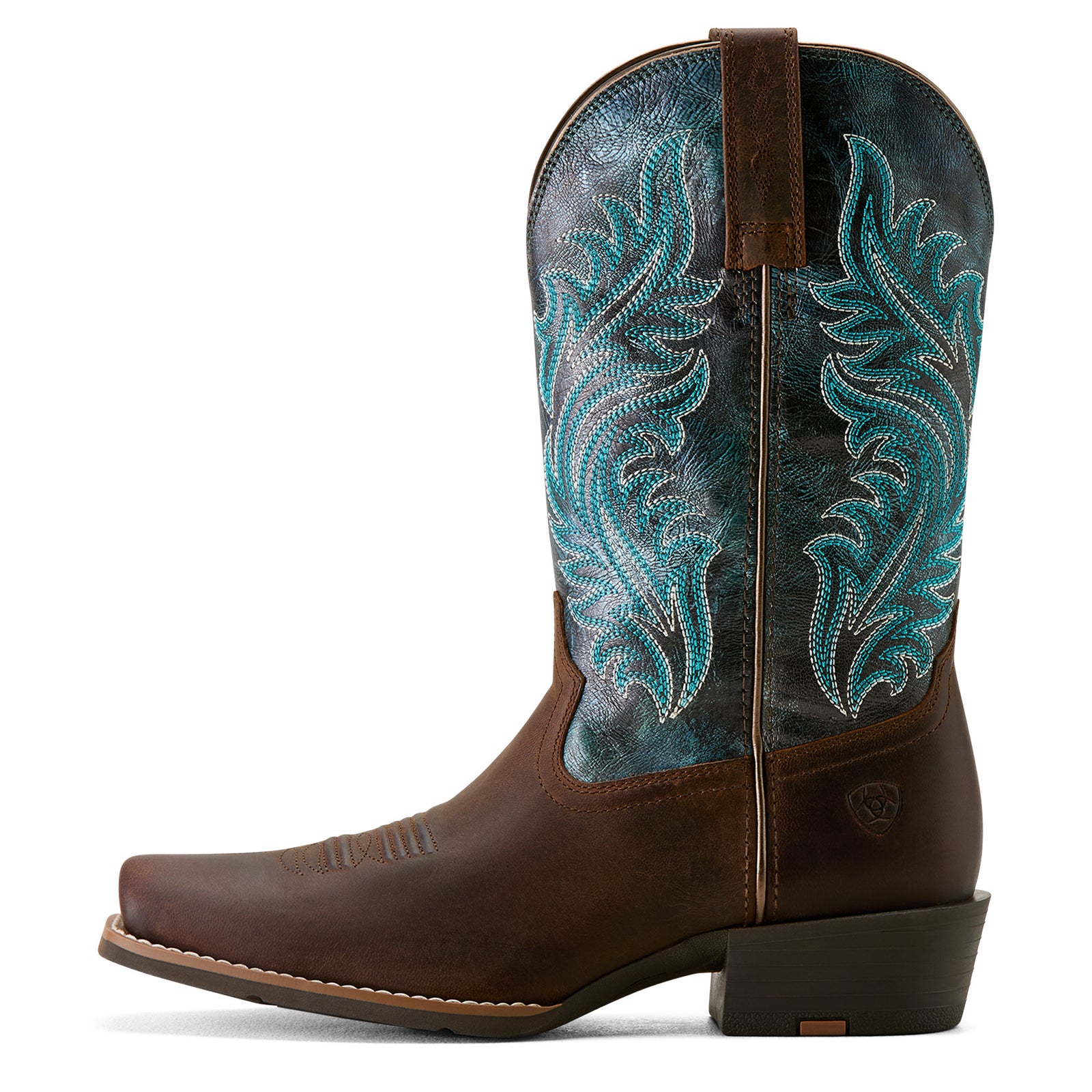 Ariat Women's Round Up Narrow Cutter Western Boot. Brown cowboy boot with turquoise embroidery on a white background