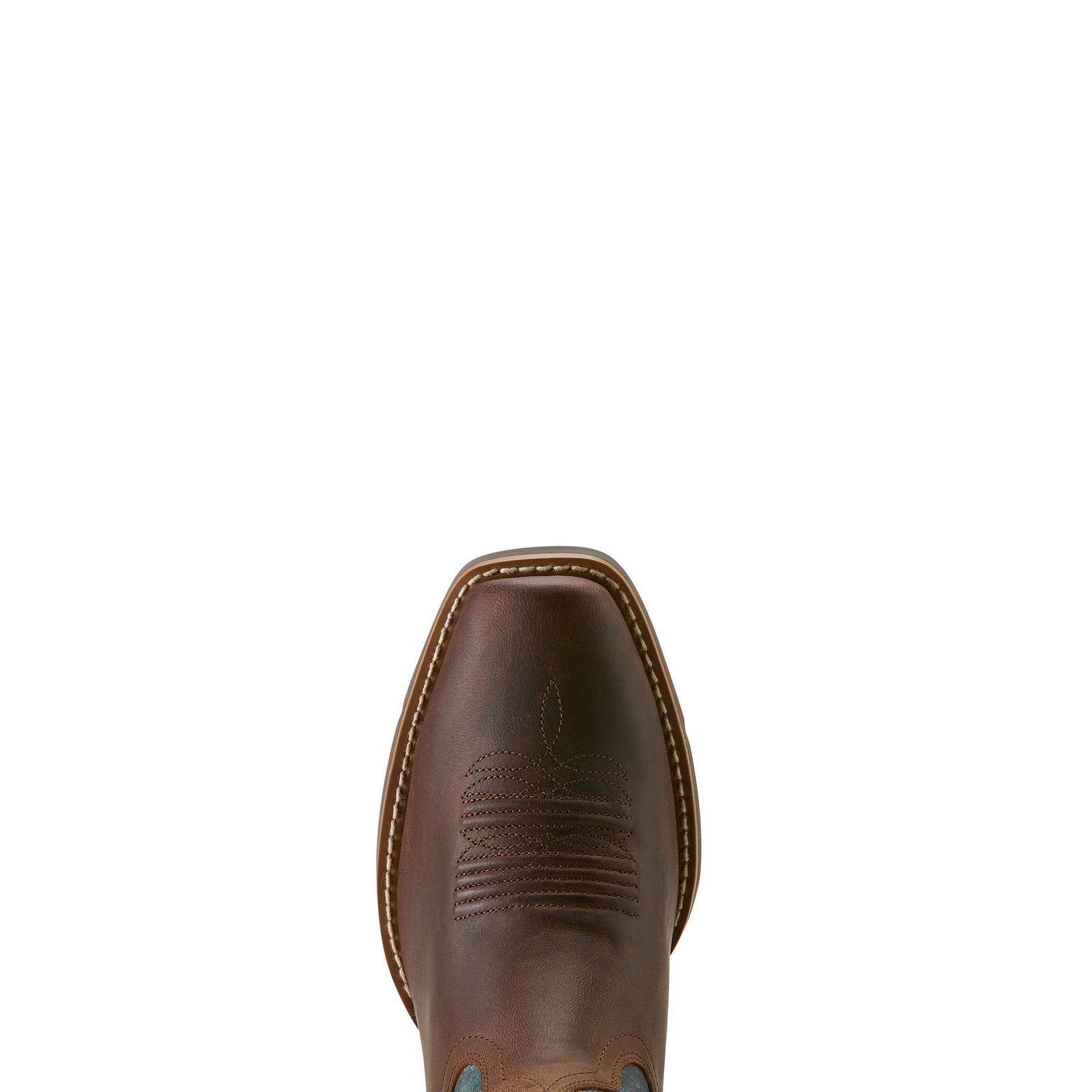 Ariat Women's Round Up Narrow Cutter Western Boot. Brown leather boot with decorative stitching on a white background