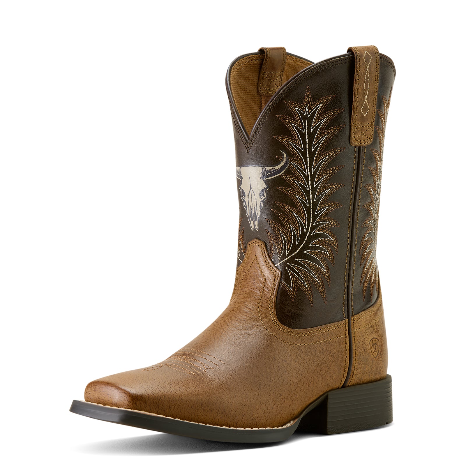 Ariat Stampede Wide Square Toe Kids Western Boot. Brown cowboy boot with intricate design on a white background