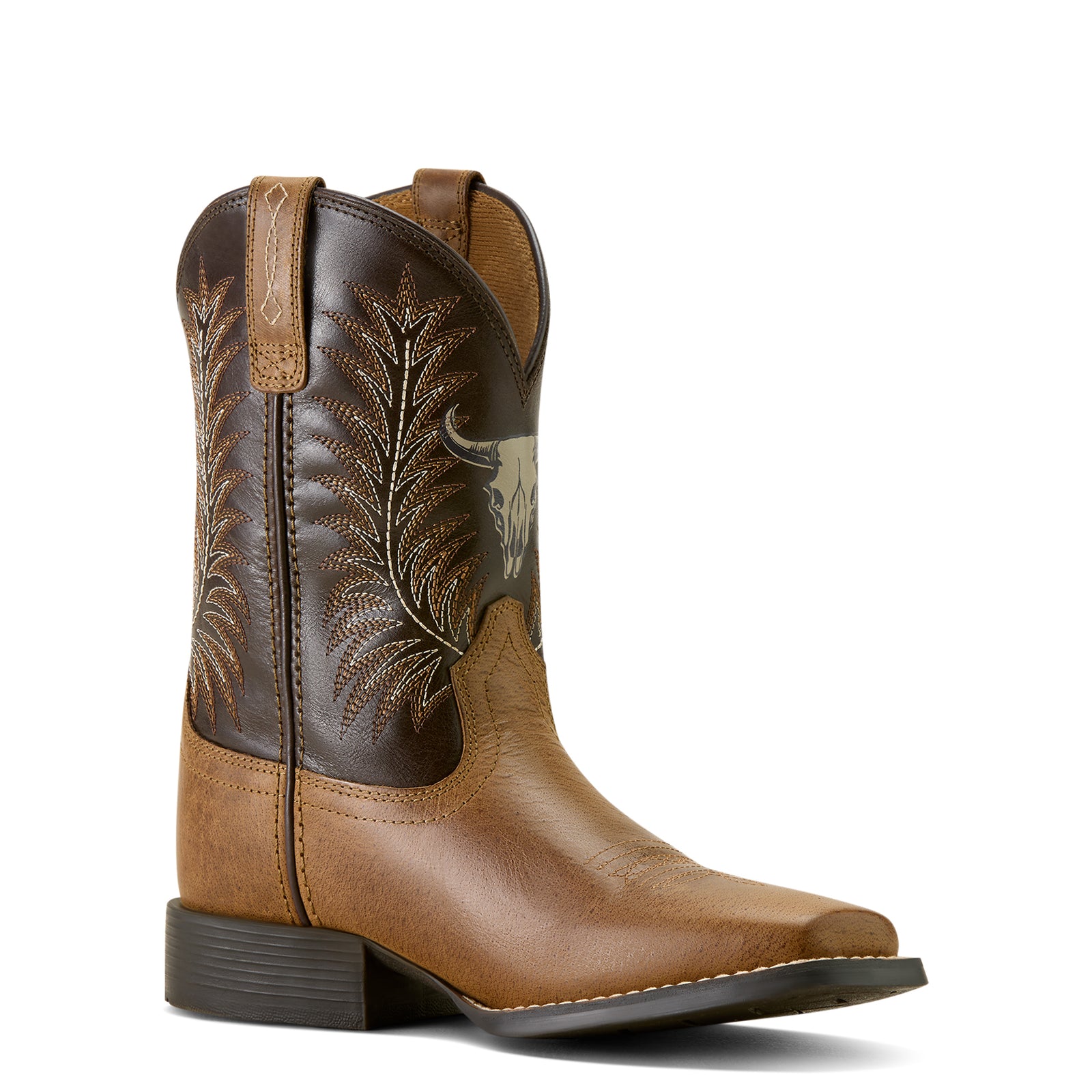 Ariat Stampede Wide Square Toe Kids Western Boot. Brown cowboy boot with intricate embroidery on a white background