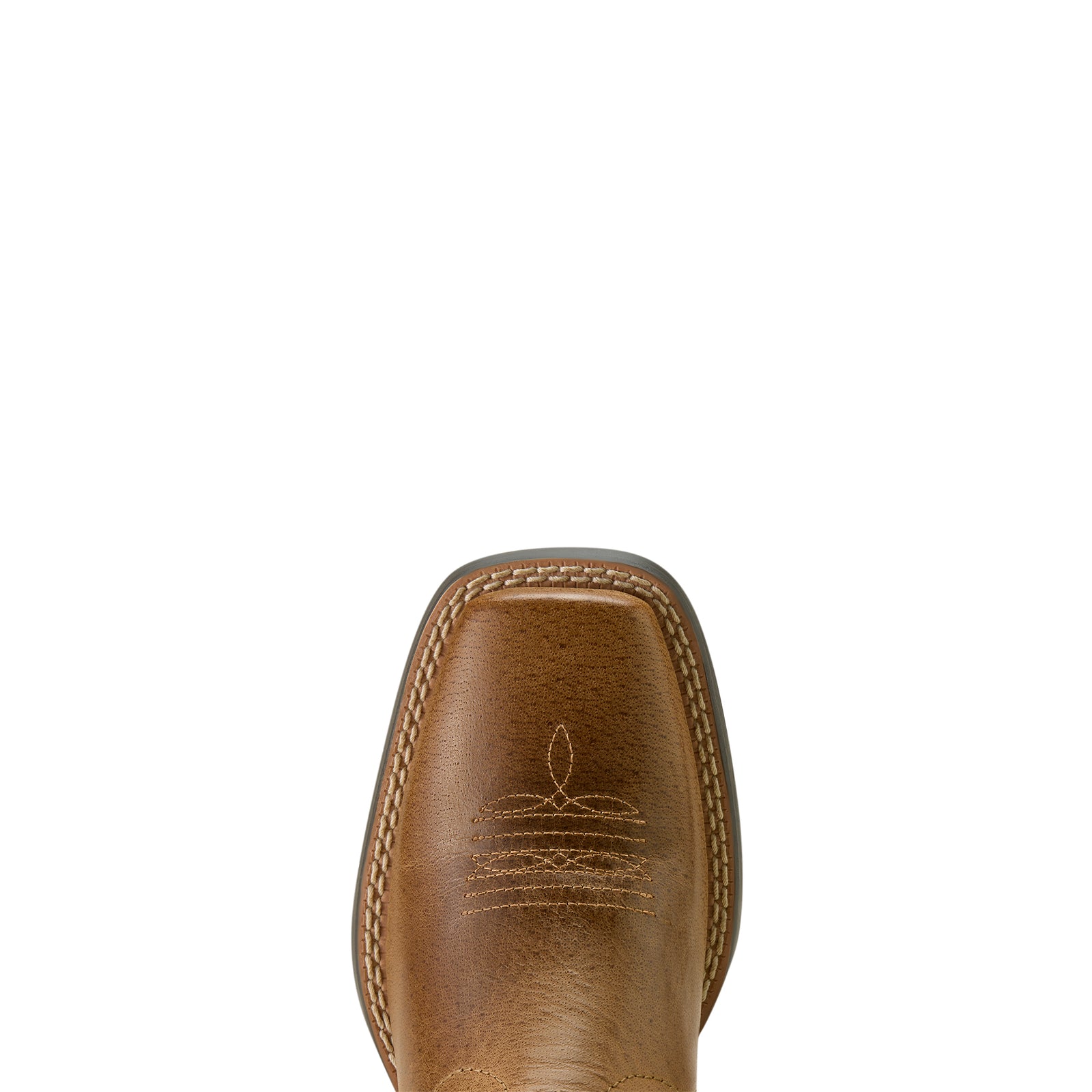 Ariat Stampede Wide Square Toe Kids Western Boot. Brown leather boot sole with stitching detail on a white background