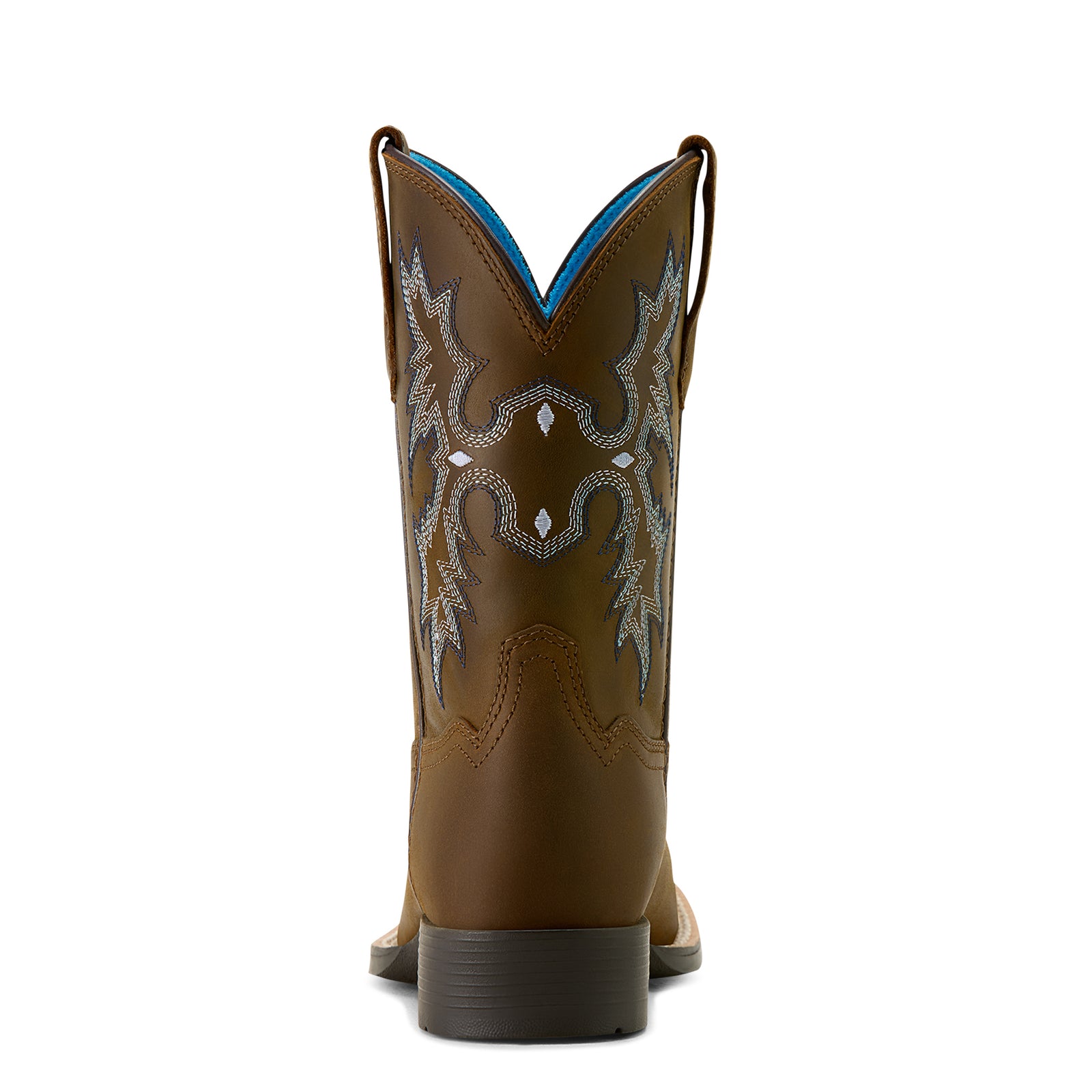 Ariat Kids Tombstone Wide Square Toe Western Boot. Brown cowboy boot with decorative stitching on a white background