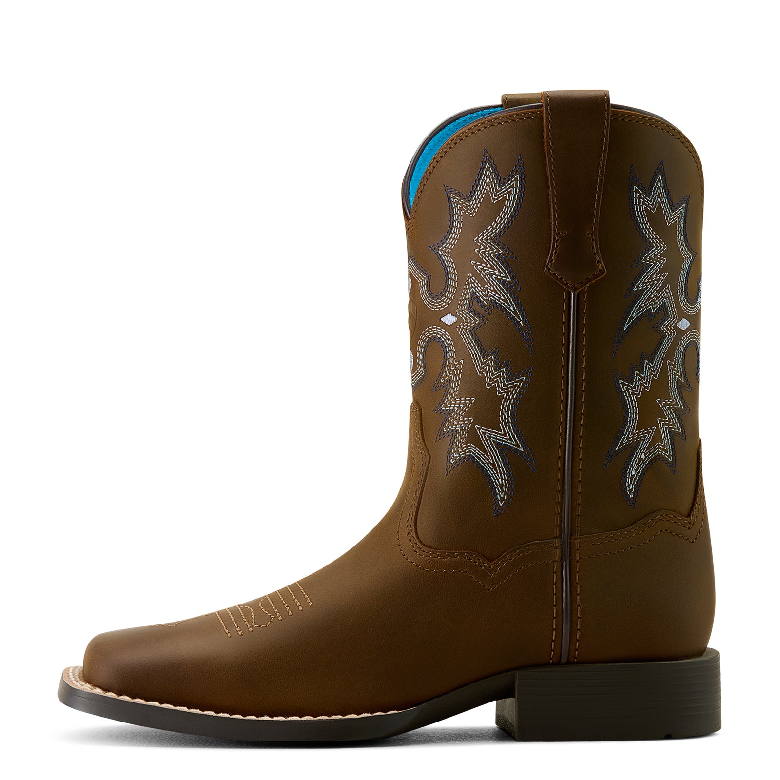Ariat Kids Tombstone Wide Square Toe Western Boot. Brown cowboy boot with floral patterns on a white background
