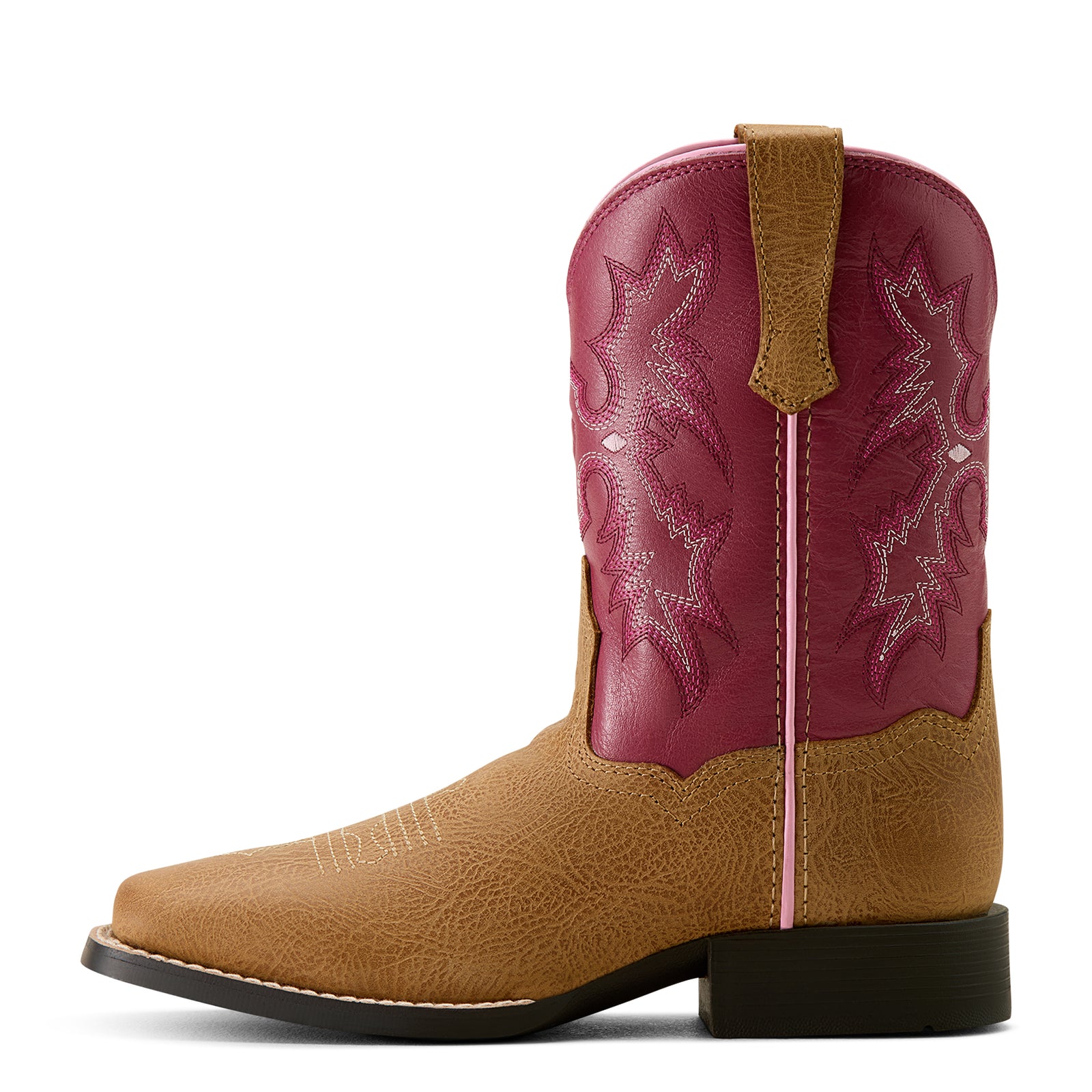 Ariat Kids Tombstone Wide Square Toe Western Boot. Brown cowboy boot with pink uppers on a white background