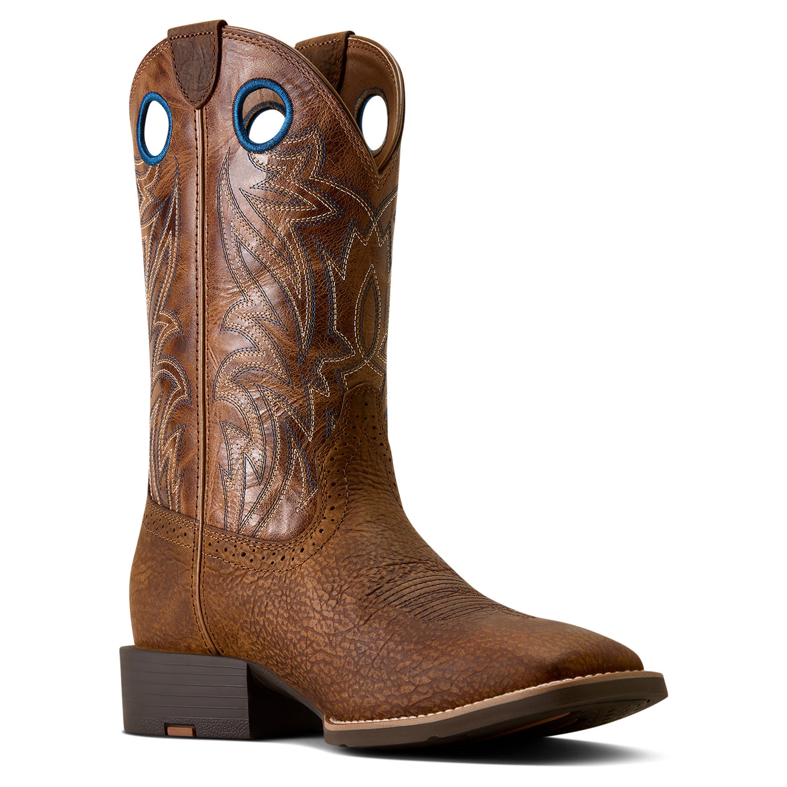 Brown cowboy boot with intricate stitching on a white background