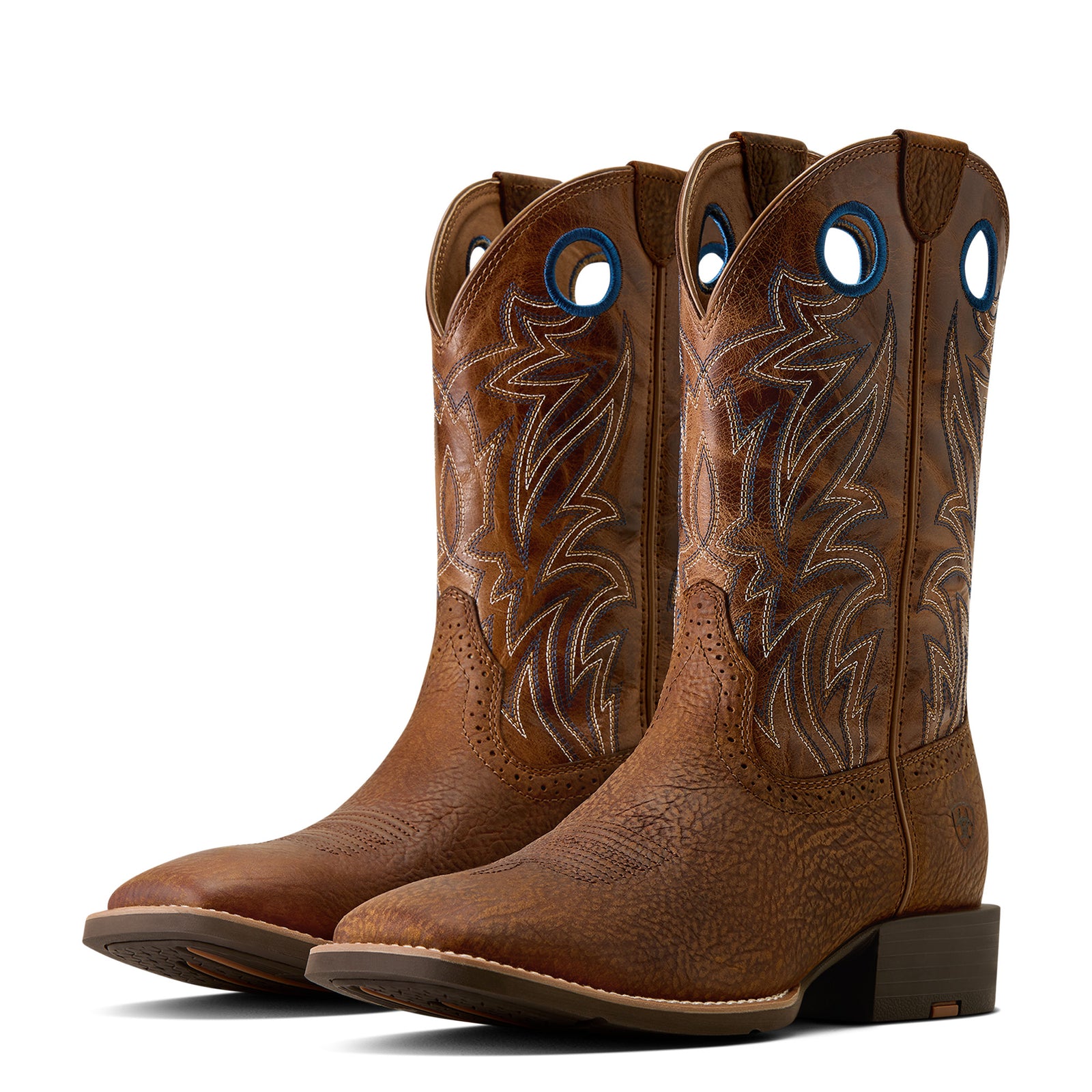 Brown cowboy boot with intricate stitching on a white background