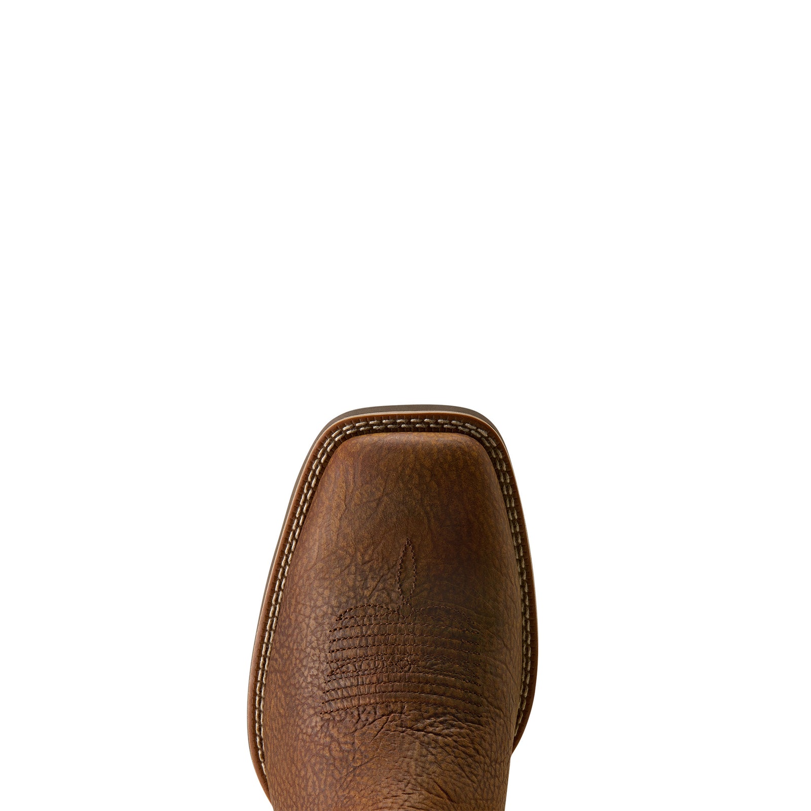 Brown cowboy boot with intricate stitching on a white background