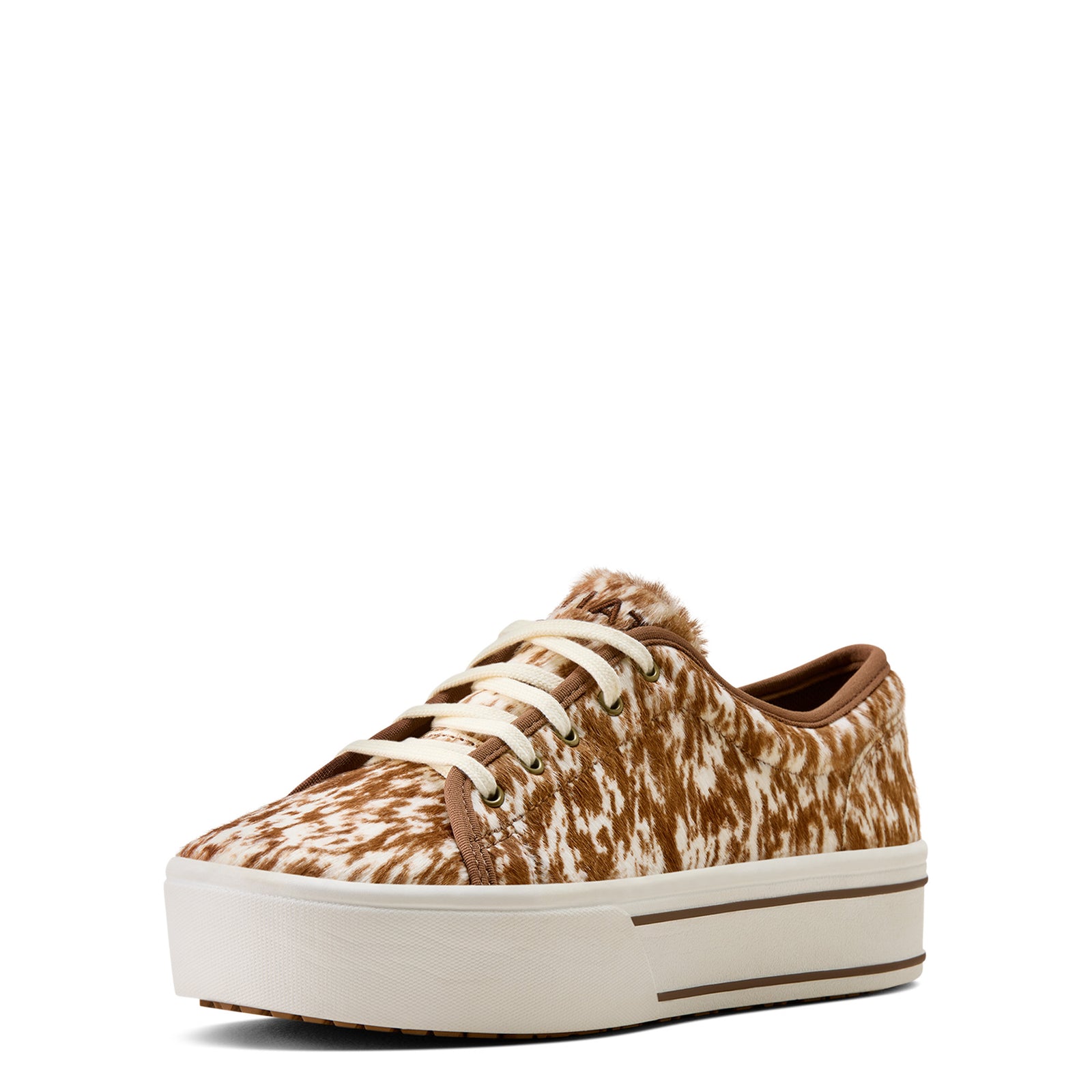 Brown and white patterned sneaker on a white background