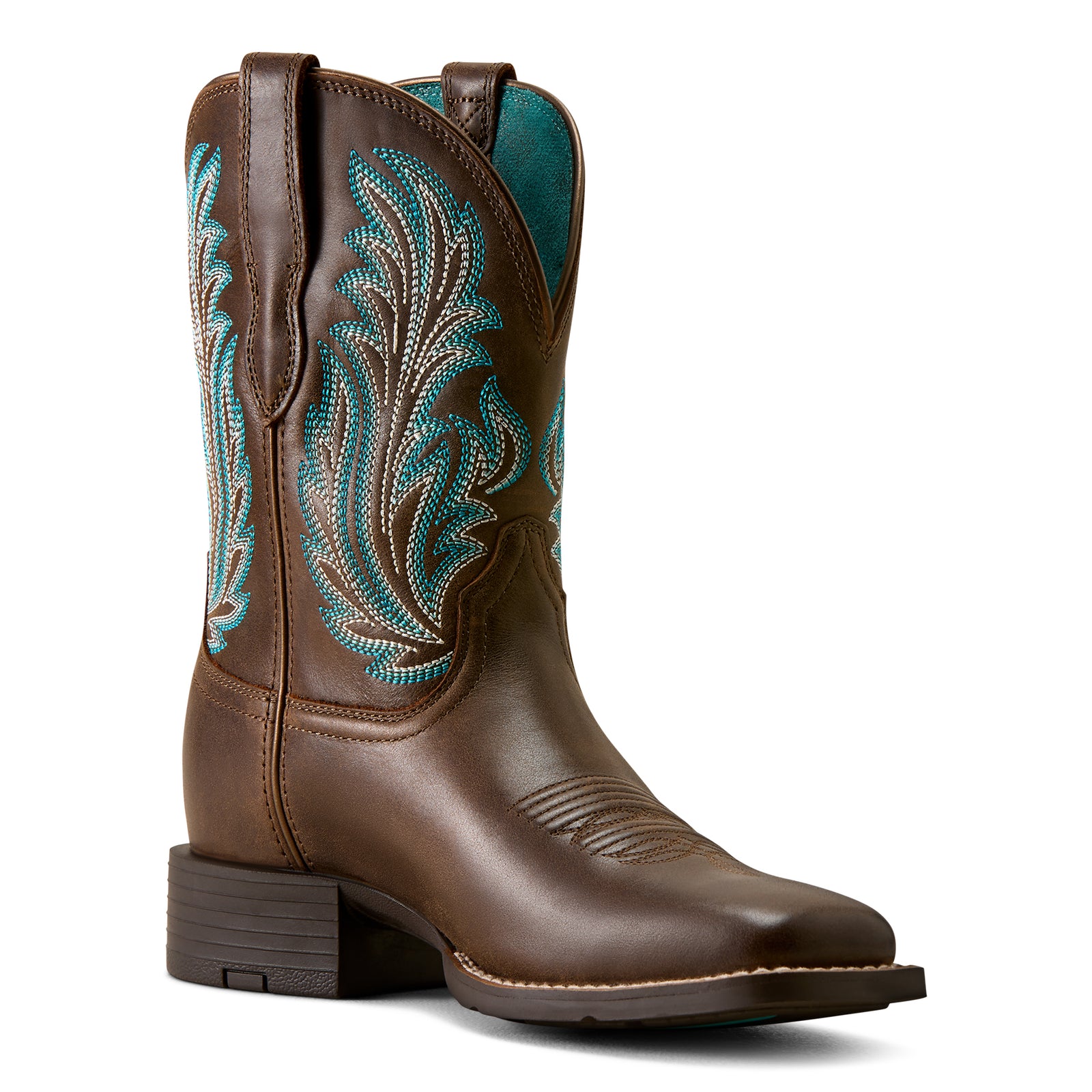 Brown cowboy boot with turquoise embroidery on a white background