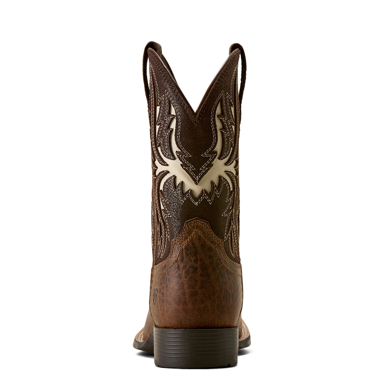 Brown cowboy boot with intricate design on a white background