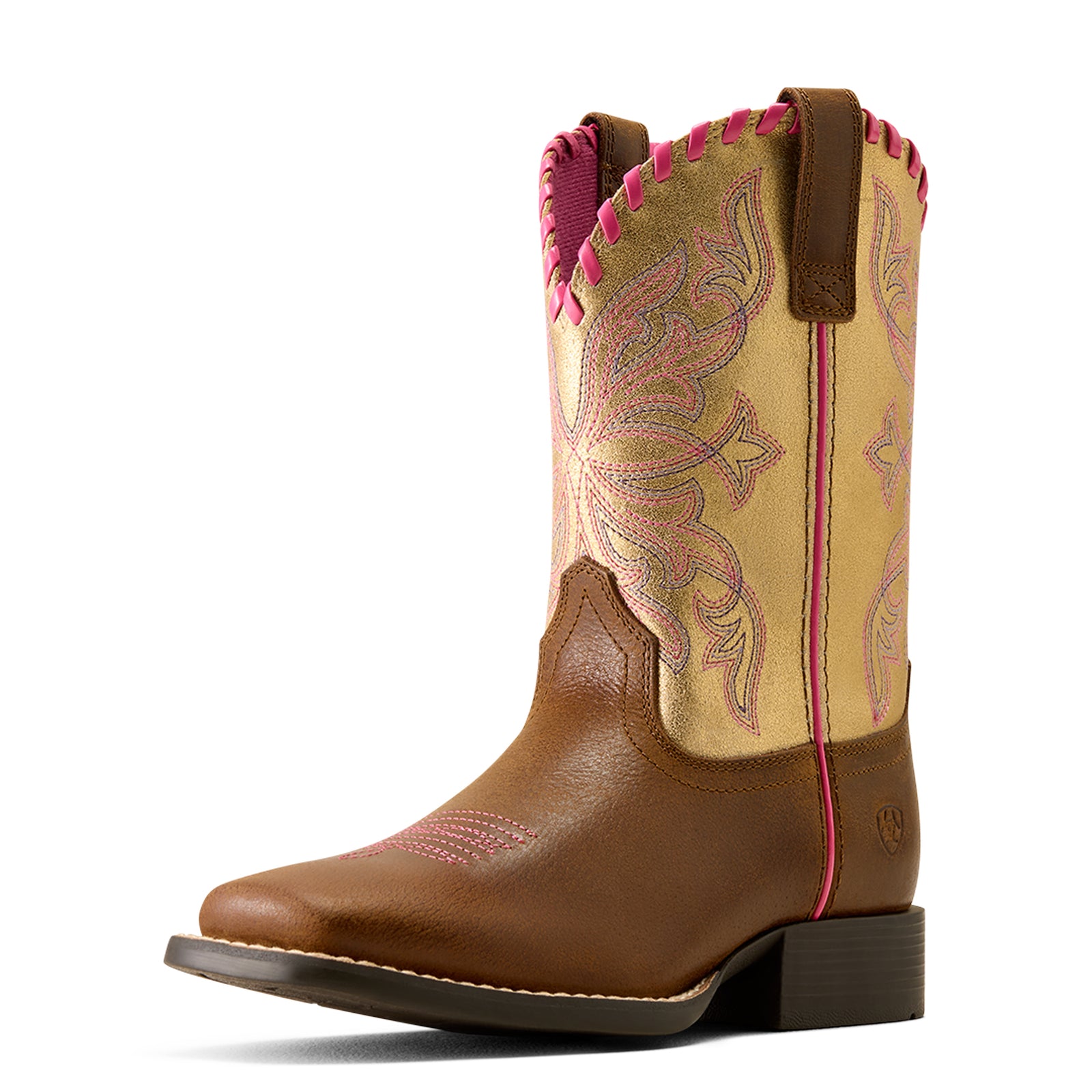 Brown and beige cowboy boot with pink embroidery on a white background