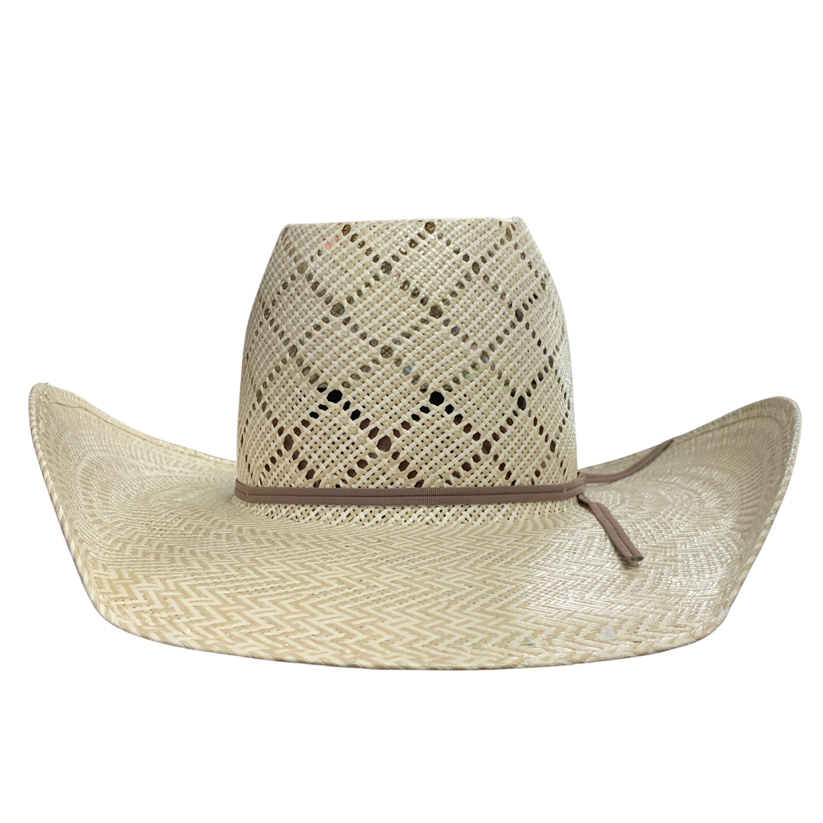 A woven straw cowboy hat in a light beige color with a brown band and matching tie, shown against a plain white background.