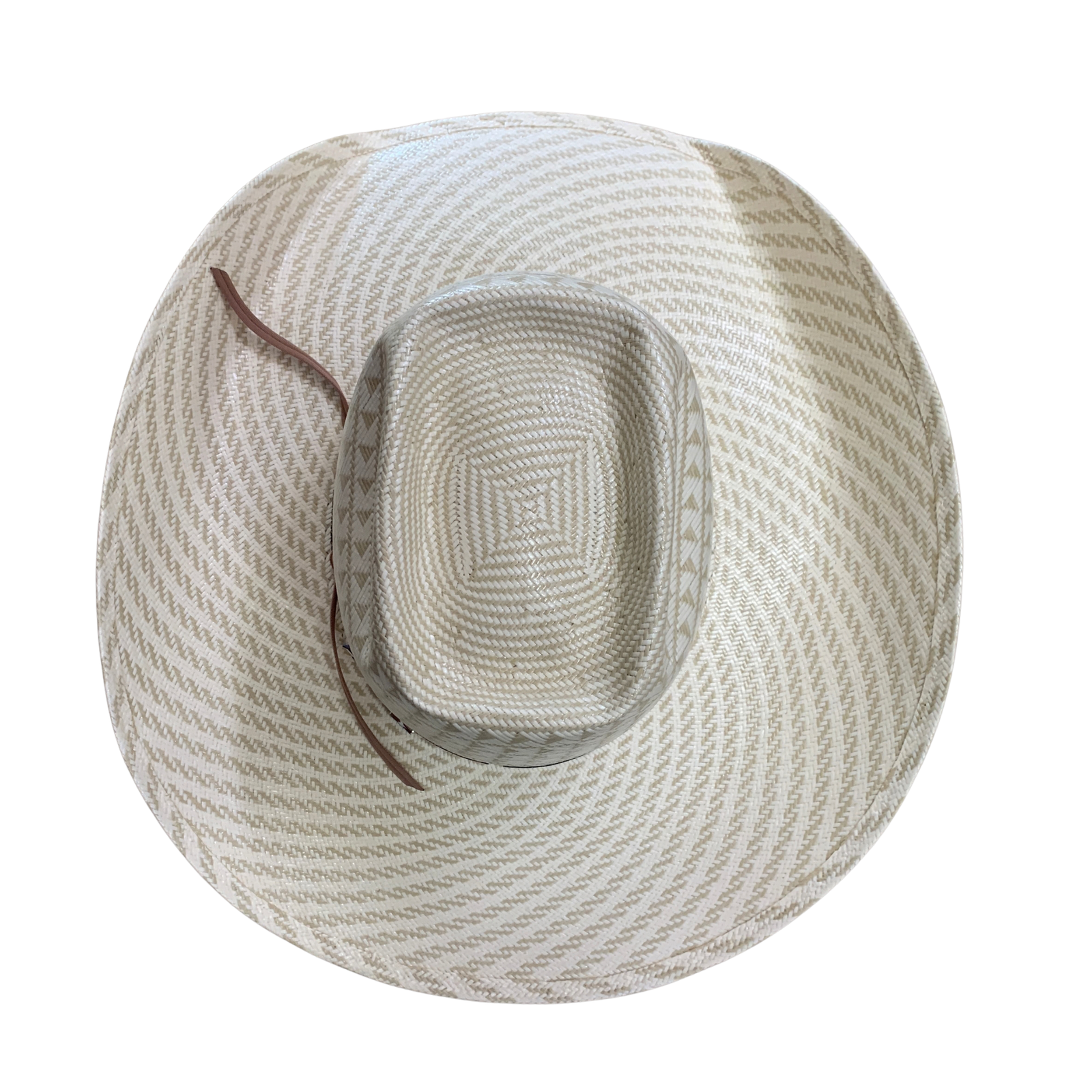 A top-down view of a woven straw cowboy hat in a light beige and white pattern, featuring a brown leather strap on the side, set against a plain white background.