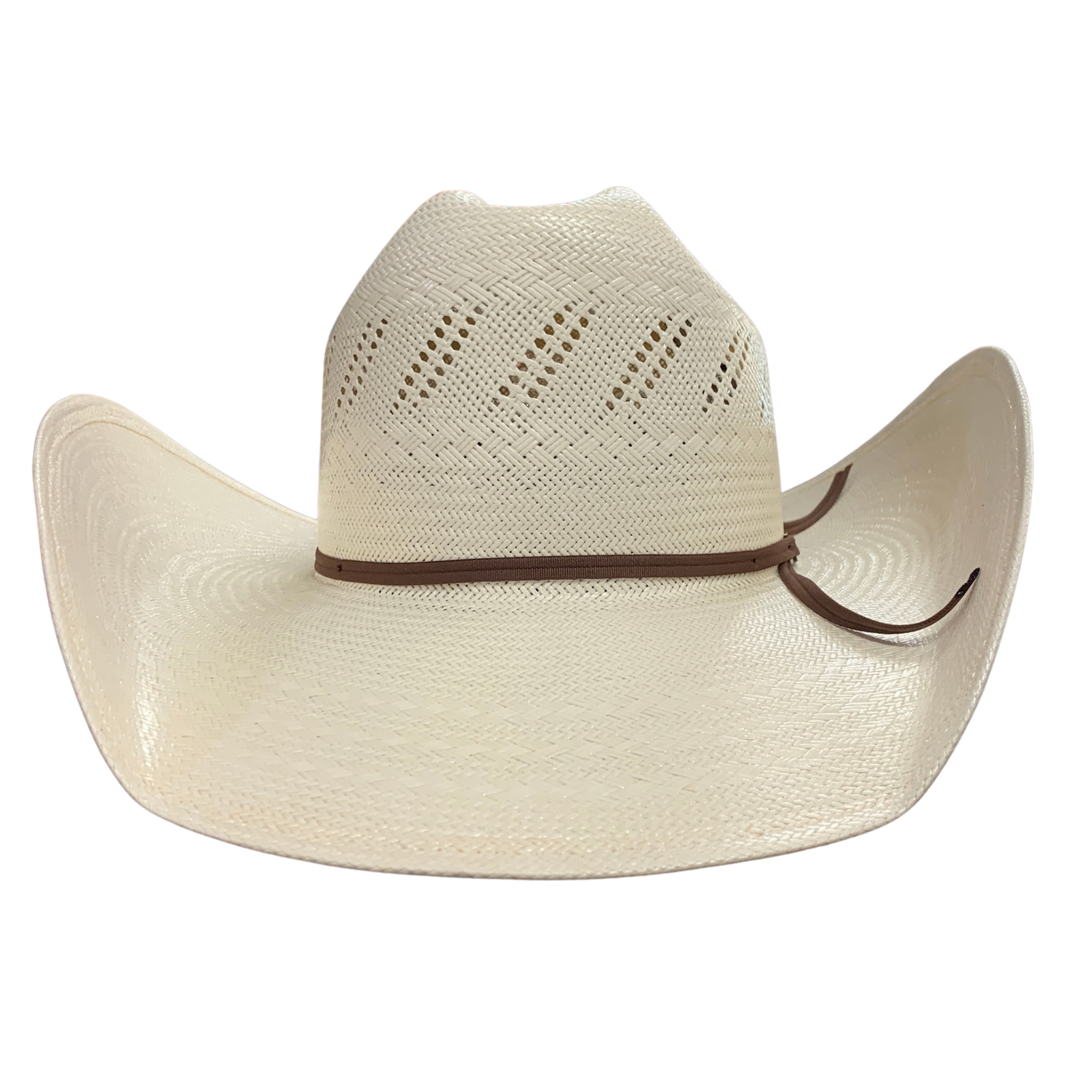 An off-white woven straw cowboy hat with a brown band around the crown, shown against a plain white background.