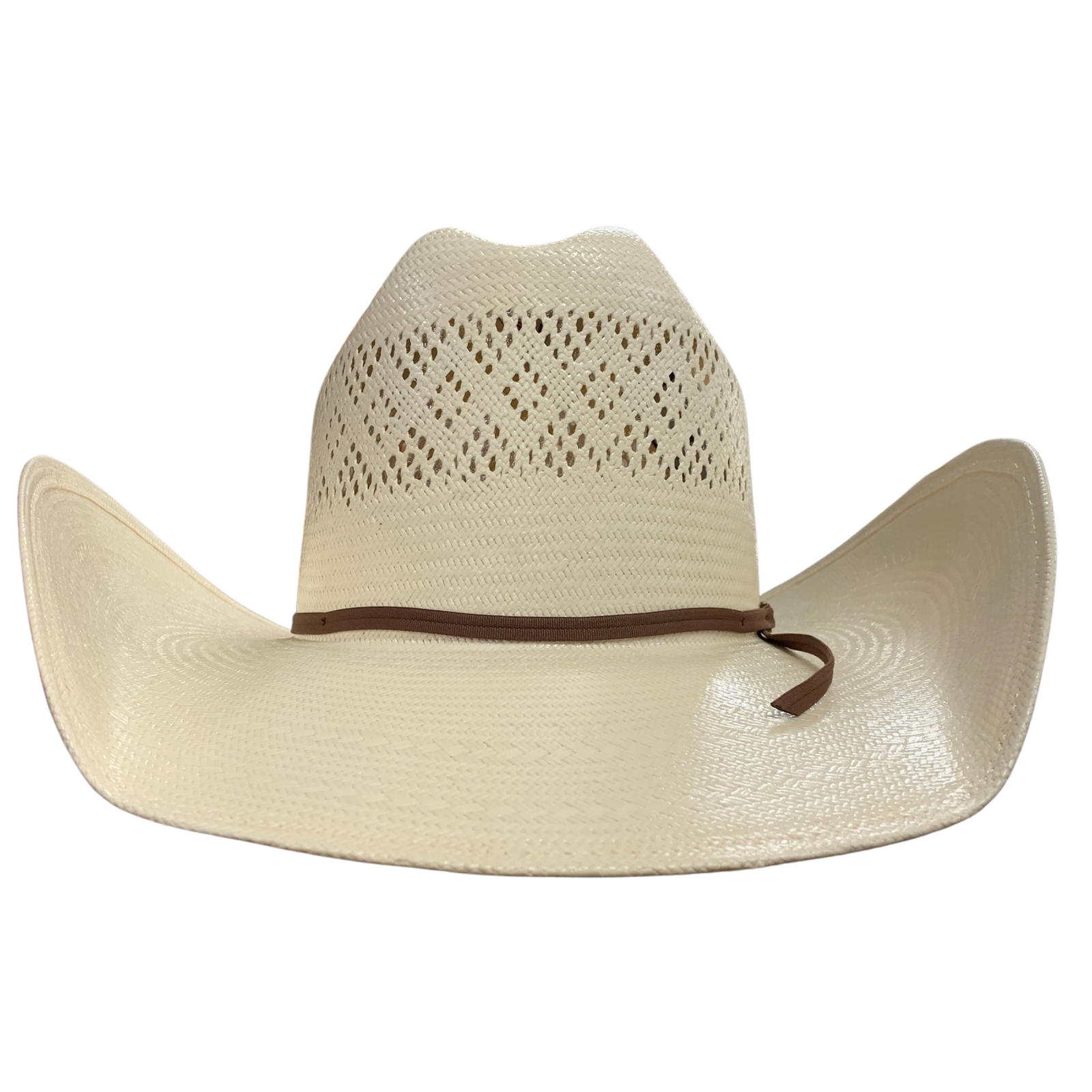 A cream-colored woven cowboy hat with a brown band around the crown, shown against a plain white background.