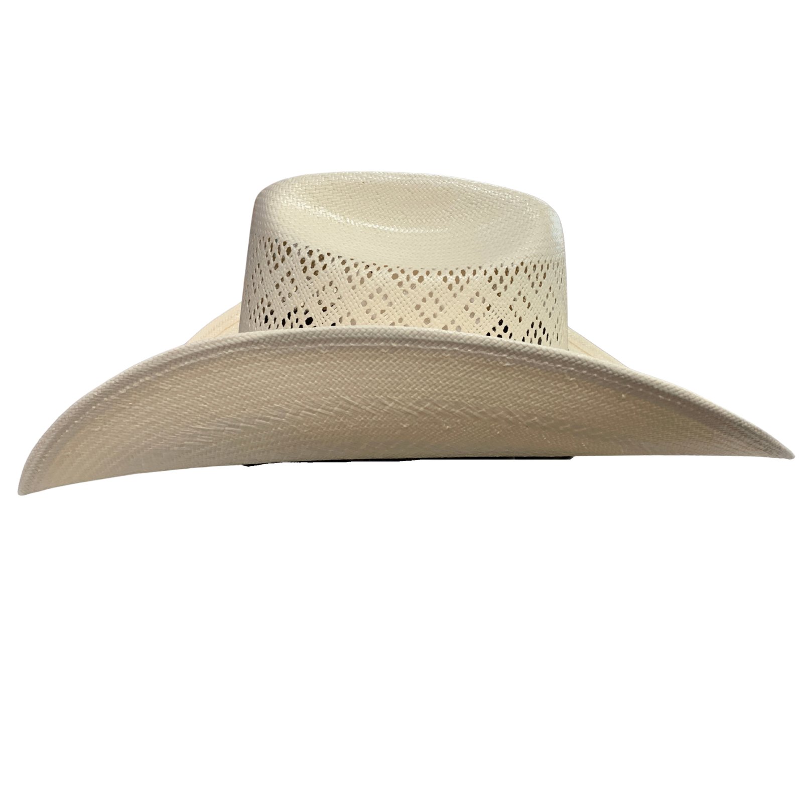 A light beige straw cowboy hat with a wide curved brim and a textured woven crown, shown against a plain white background.