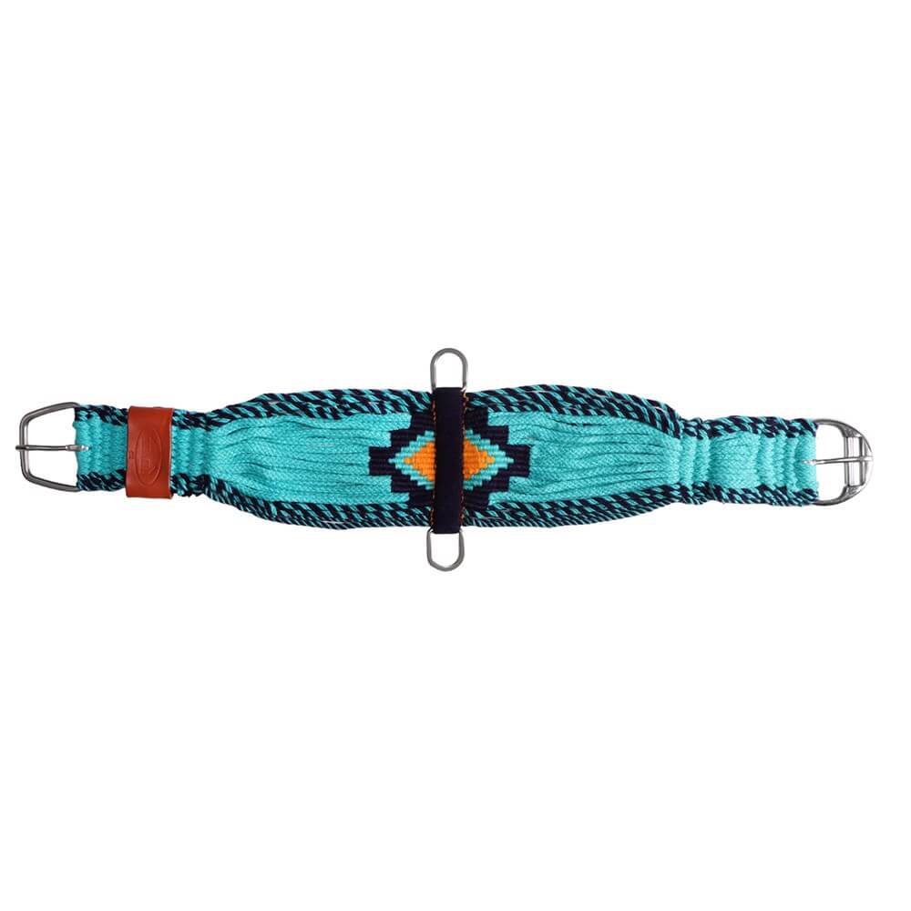 Fort Worth Wool Cinch. A blue wool cinch with metal buckles and a geometric pattern