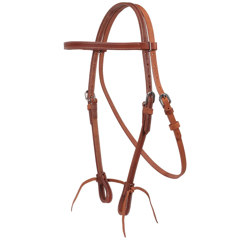 Fort Worth Work Headstall Water Tie Ends. Brown leather horse bridle on a white background