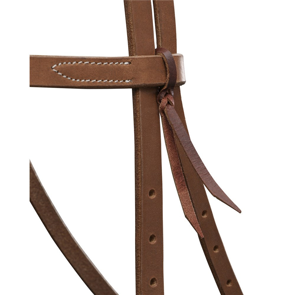 Fort Worth Working Headstall - Harness Leather. Close-up of a brown leather belt with stitching details on a white background
