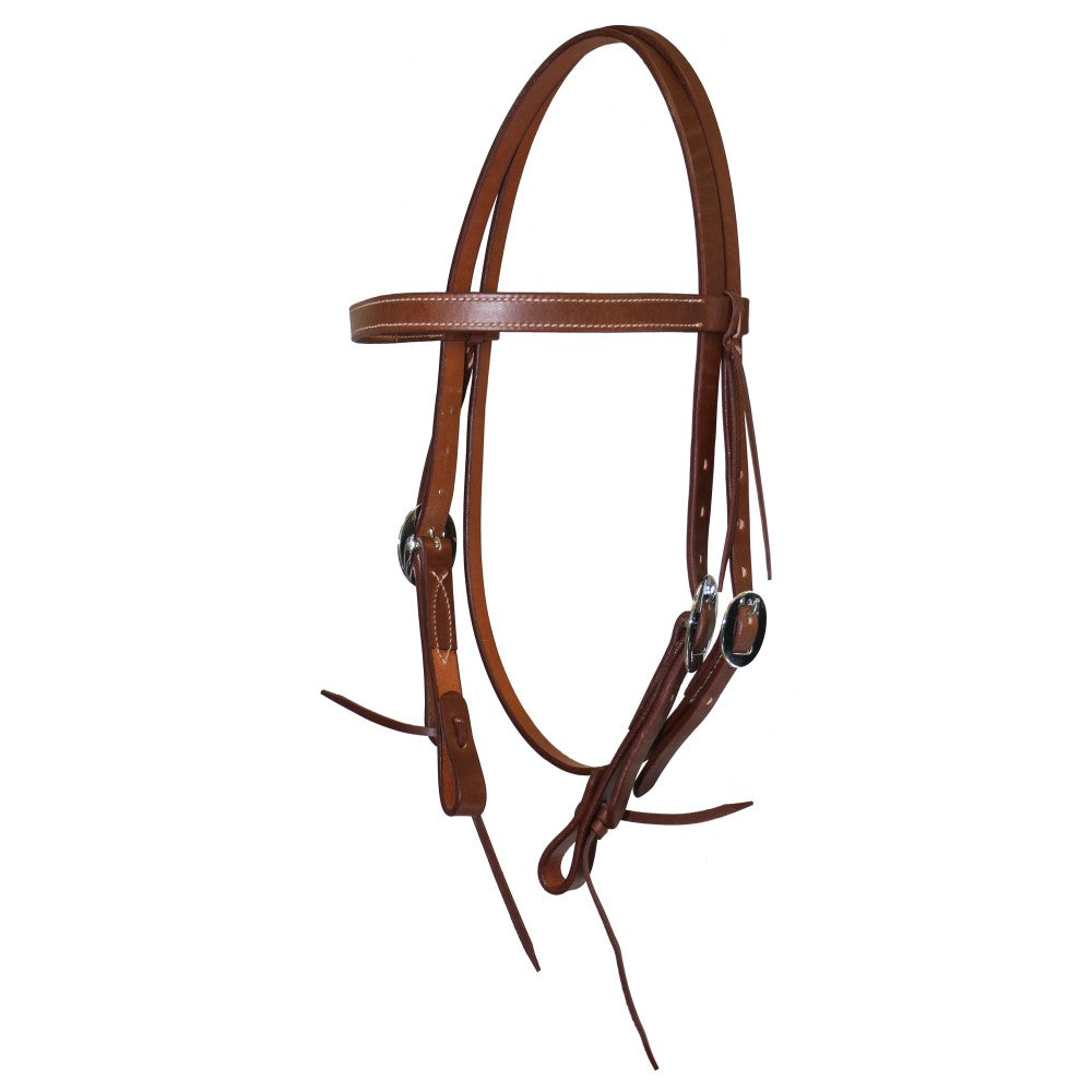 A brown leather horse bridle with silver metal buckles and rings, shown against a plain white background.