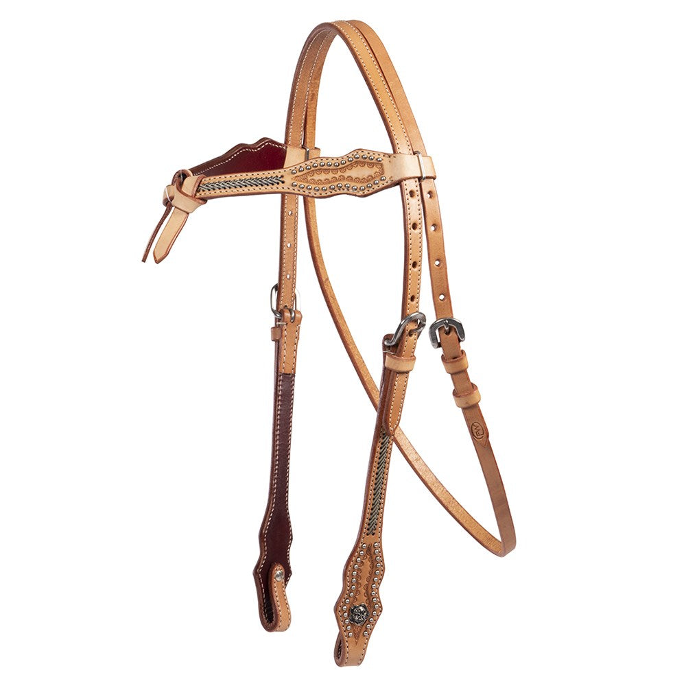 Fort Worth Santa Fe Knotted Brow Headstall. Brown leather horse bridle with intricate designs on a white background