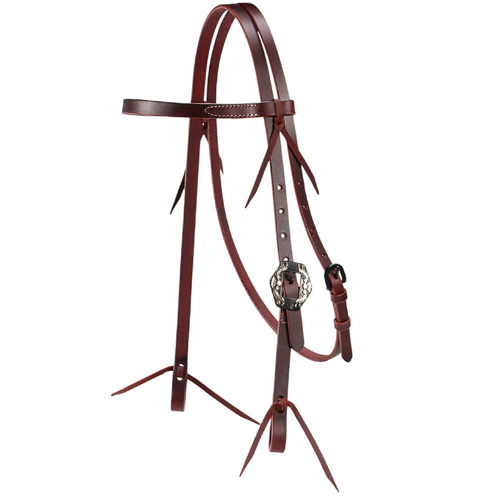 A dark reddish-brown leather horse bridle with silver-toned metal buckles and a decorative central emblem, isolated on a white background.